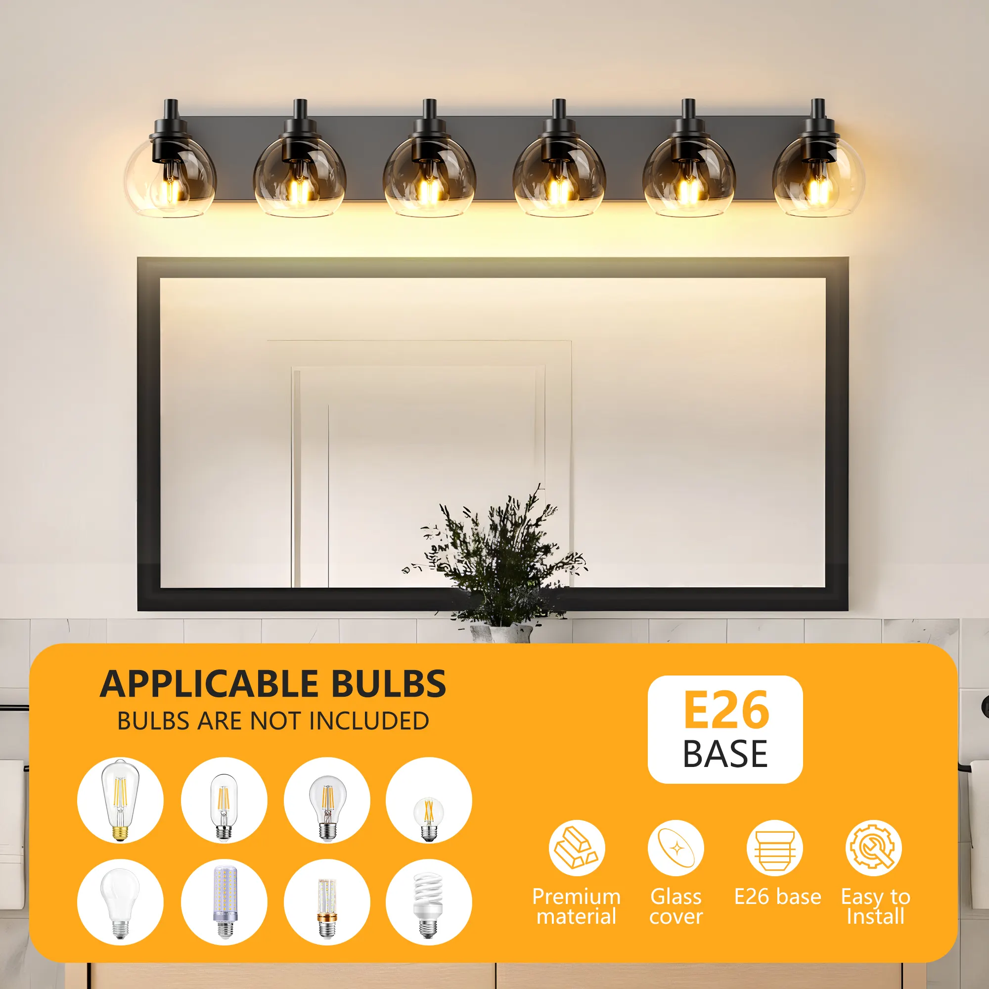 Modern Matte Black 6-Light Clear Glass Vanity Light, 38 in, image 5 of 10
