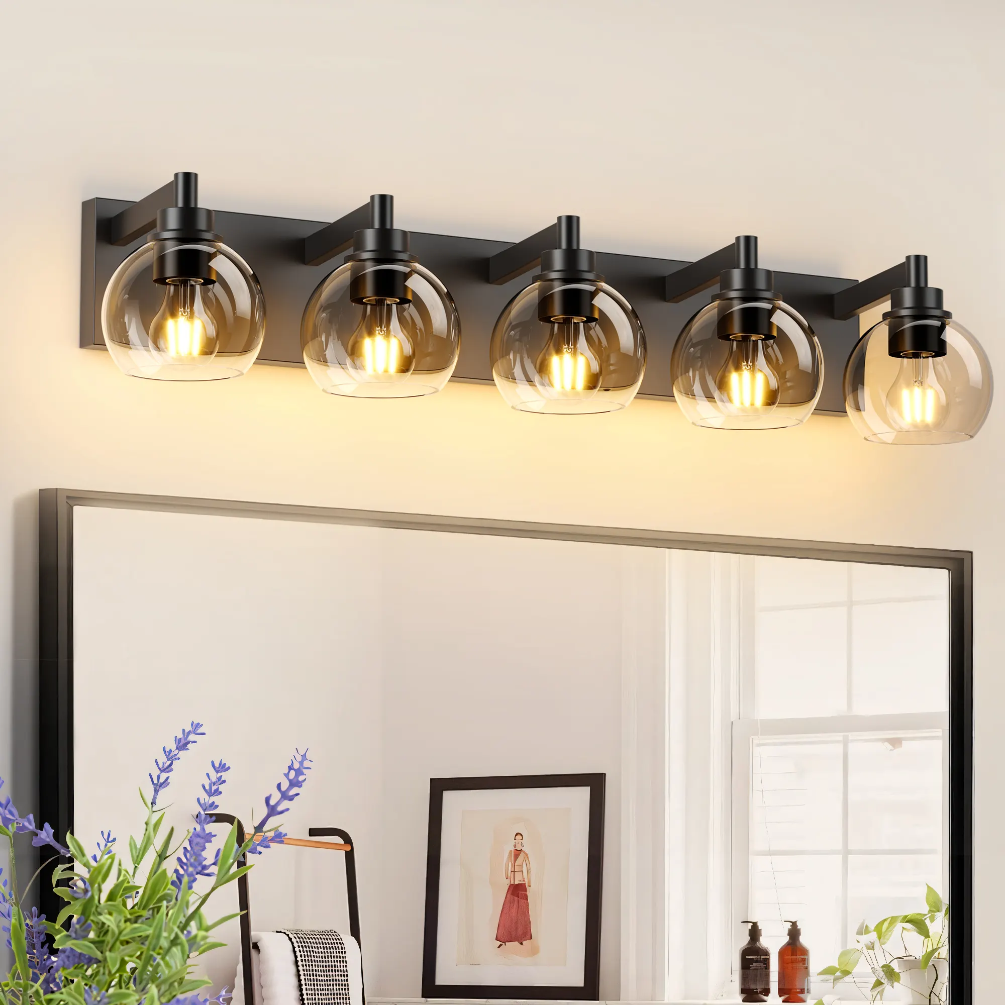 Modern Matte Black 5-Light Clear Glass Vanity Light, 32 in