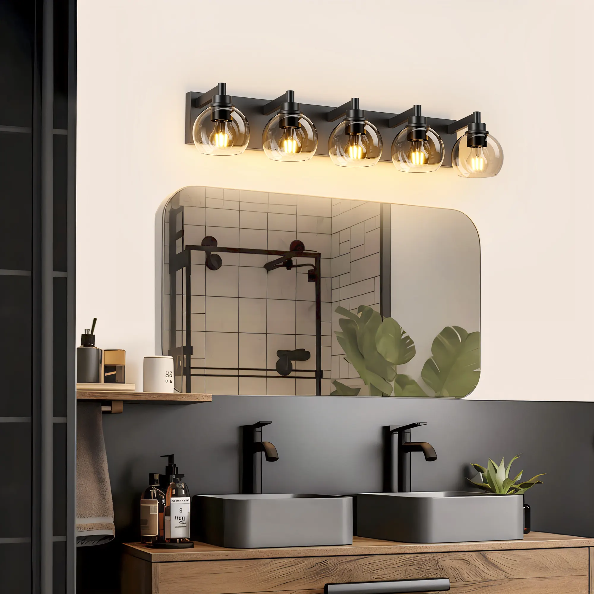 Modern Matte Black 5-Light Clear Glass Vanity Light, 32 in, image 2 of 9