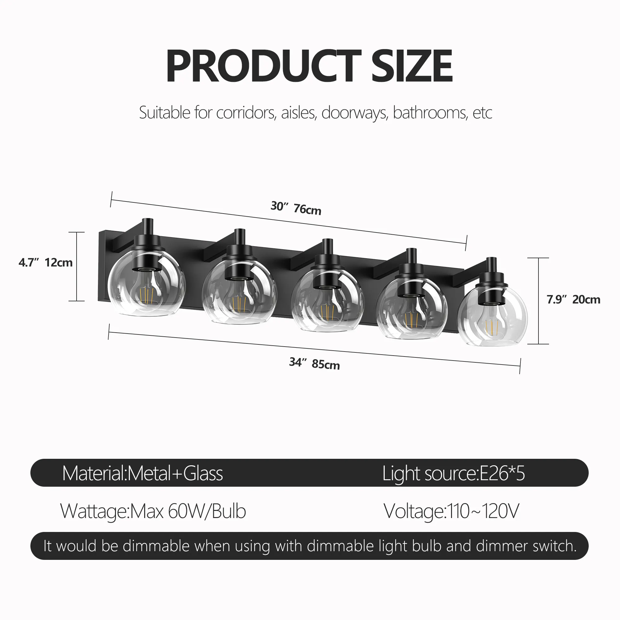 Modern Matte Black 5-Light Clear Glass Vanity Light, 32 in, image 6 of 9