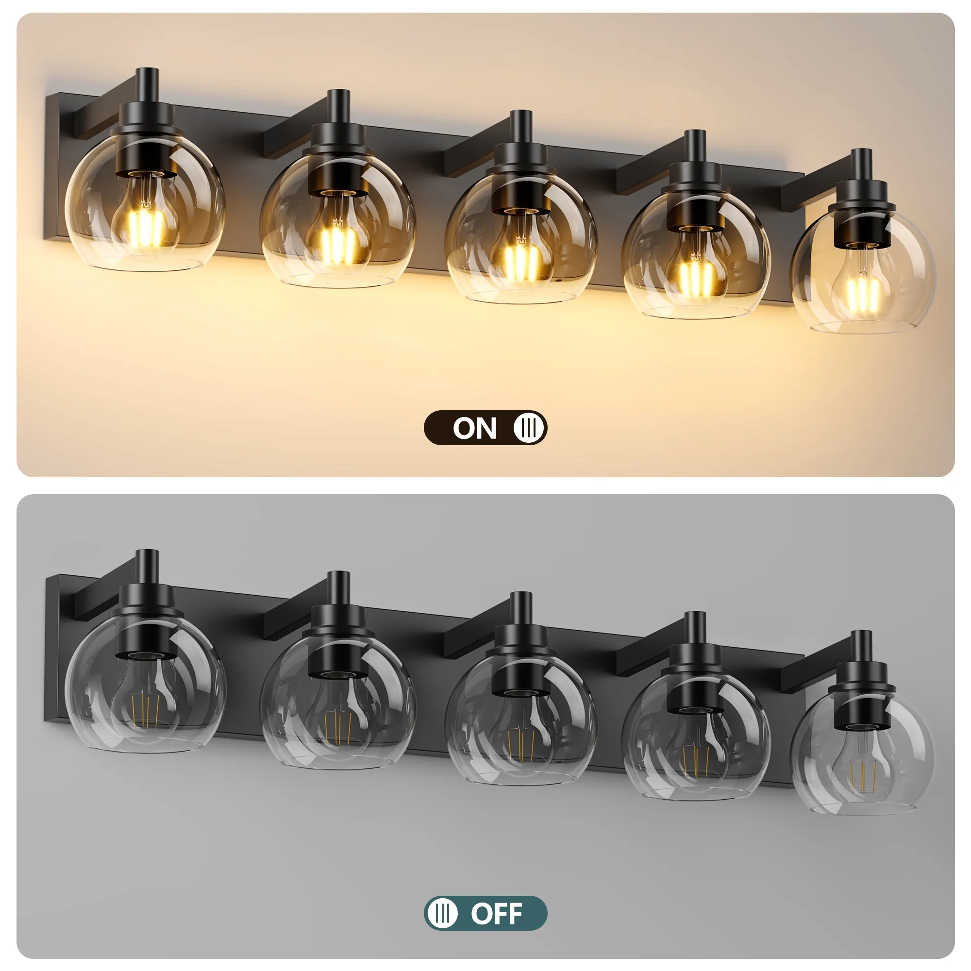 Modern Matte Black 5-Light Clear Glass Vanity Light, 32 in, image 3 of 9