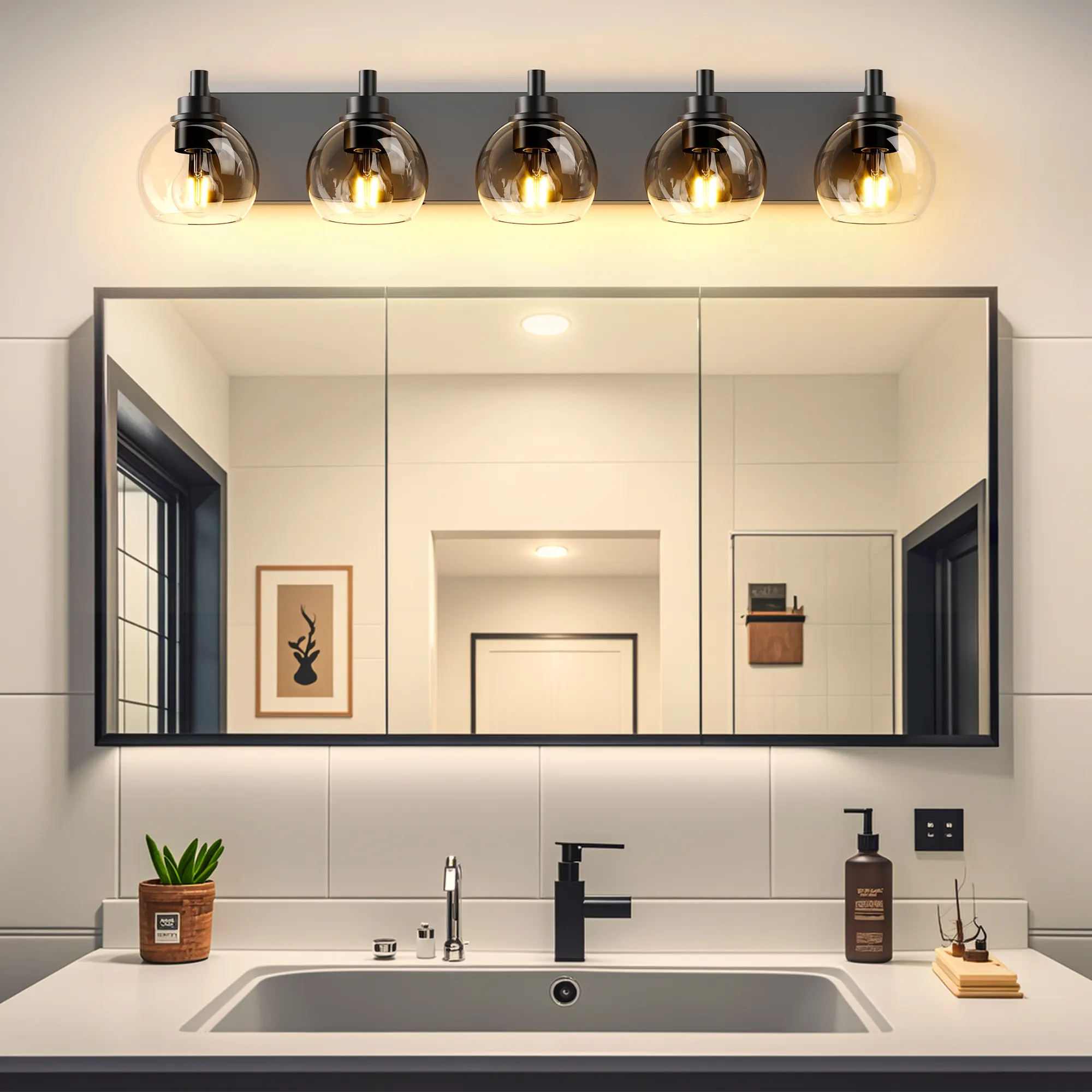 Modern Matte Black 5-Light Clear Glass Vanity Light, 32 in, image 4 of 9