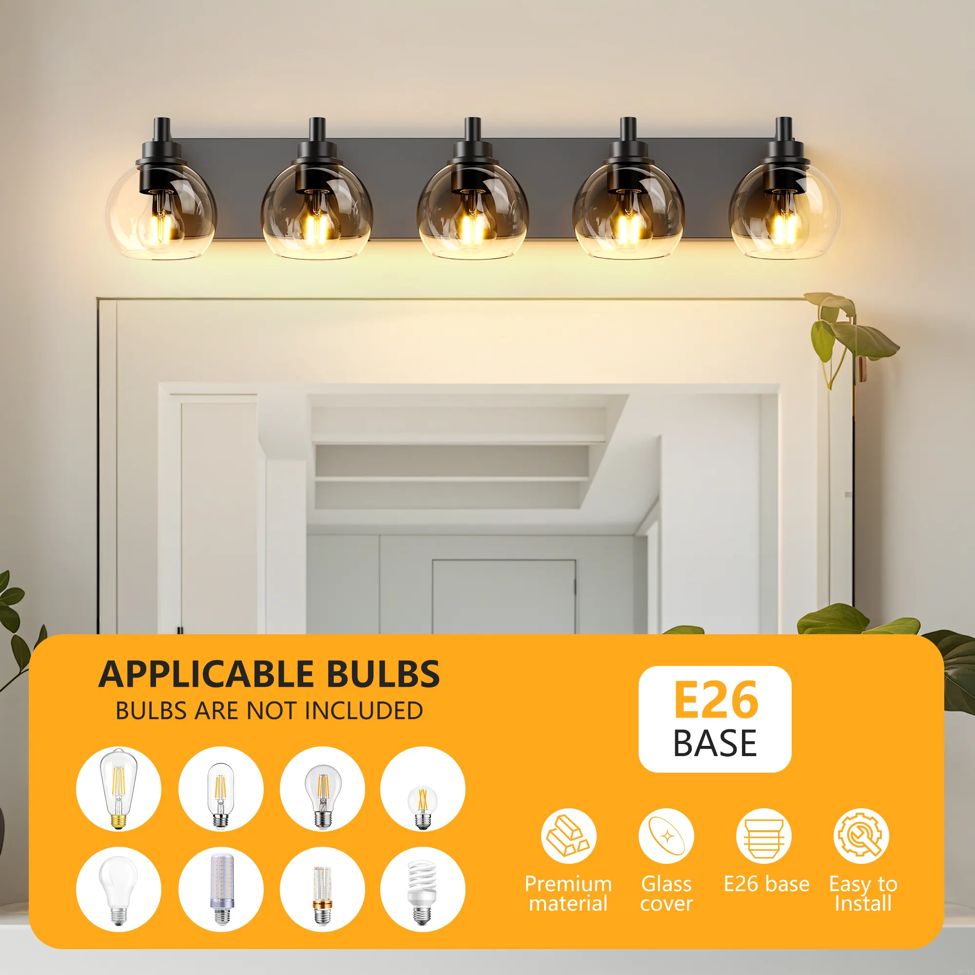 Modern Matte Black 5-Light Clear Glass Vanity Light, 32 in, image 5 of 9