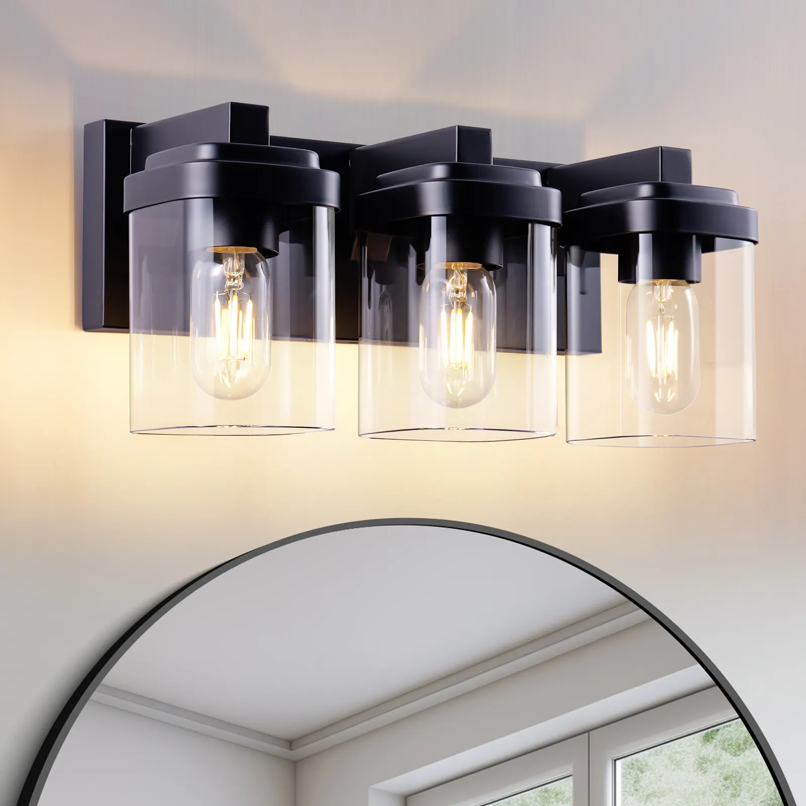 Matte Black 3-Light Clear Glass Vanity Light, image 2 of 7