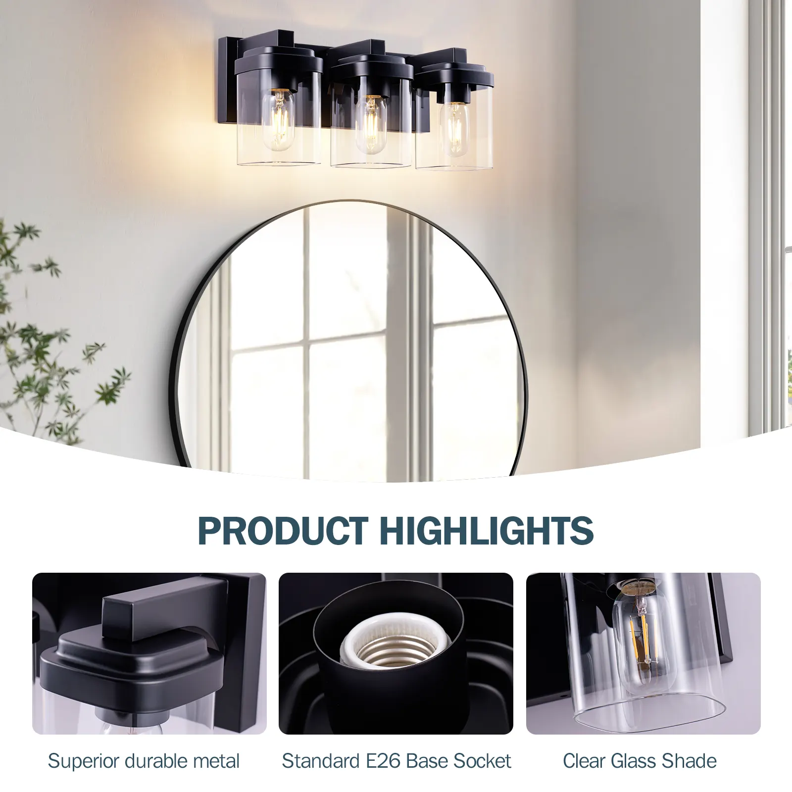 Matte Black 3-Light Clear Glass Vanity Light, image 3 of 7