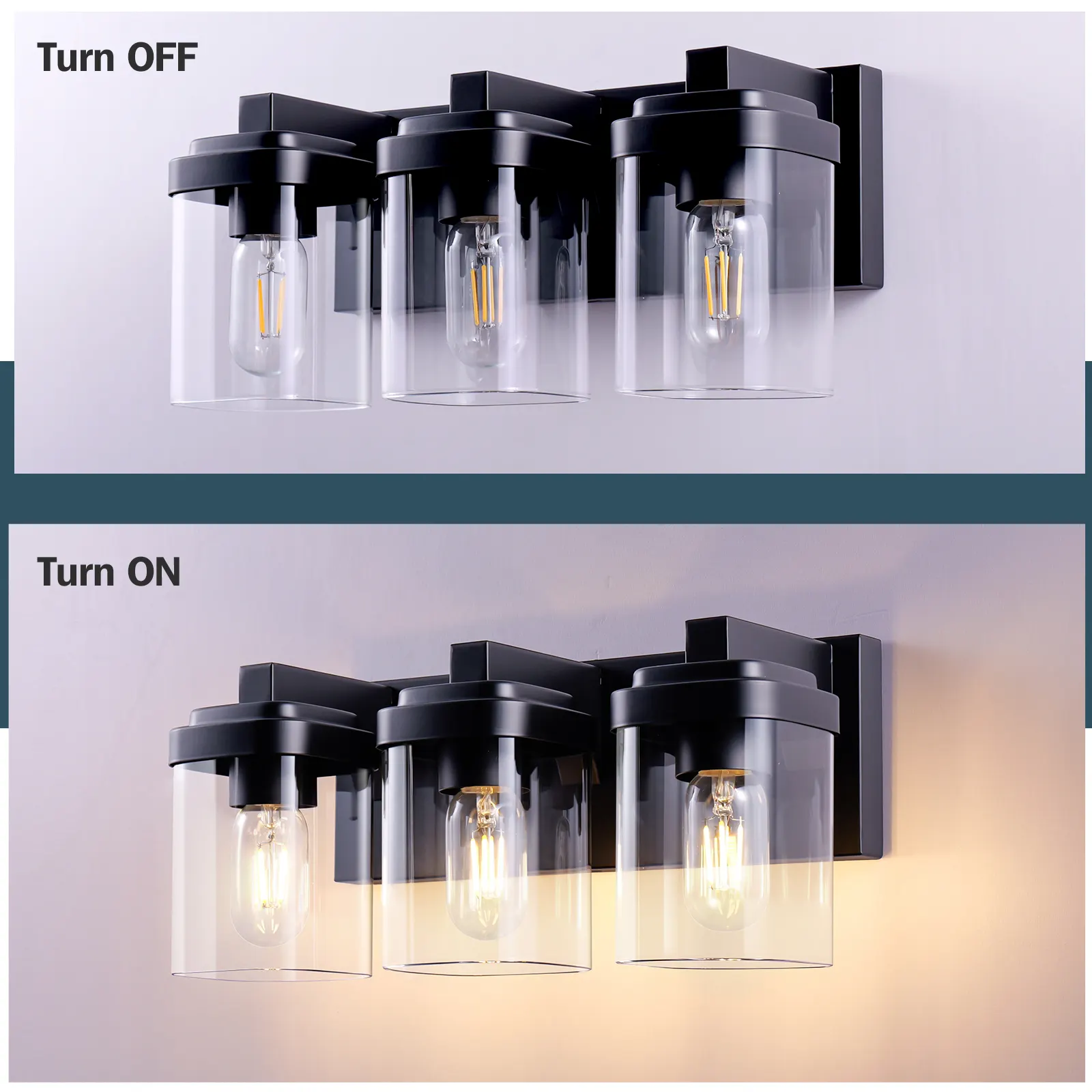 Matte Black 3-Light Clear Glass Vanity Light, image 5 of 7