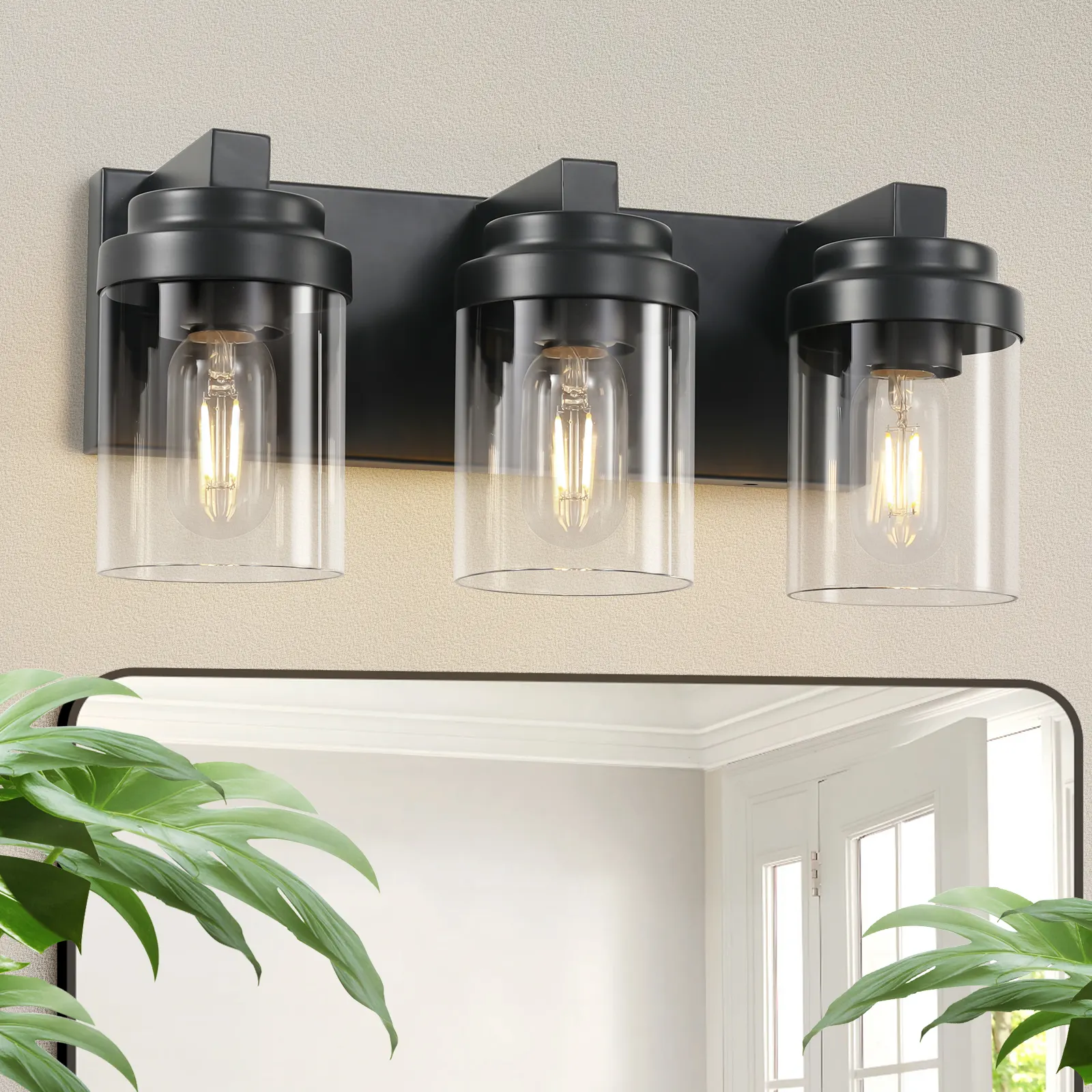 Modern Black 3-Light Clear Glass Vanity Light, image 2 of 7