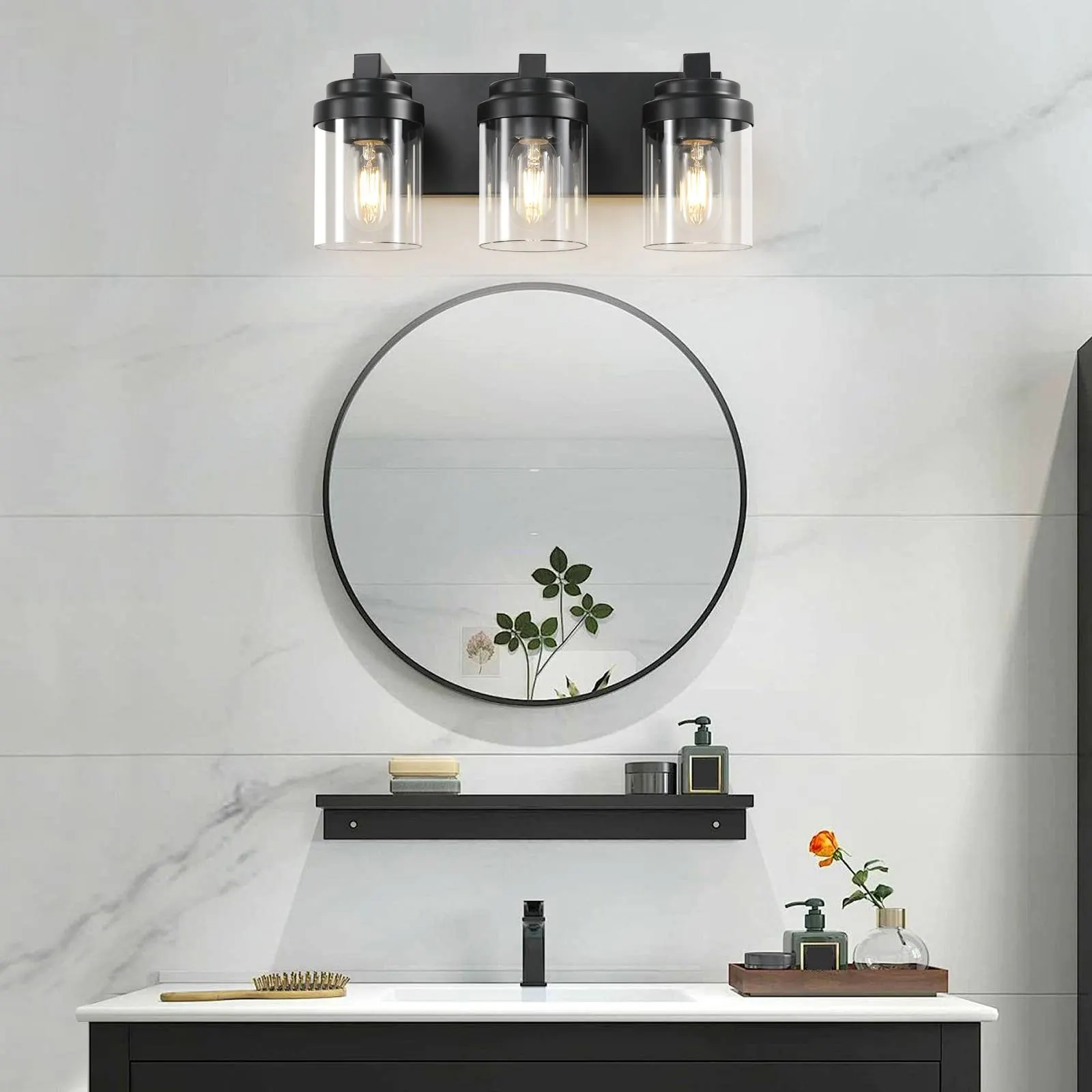 Modern Black 3-Light Clear Glass Vanity Light