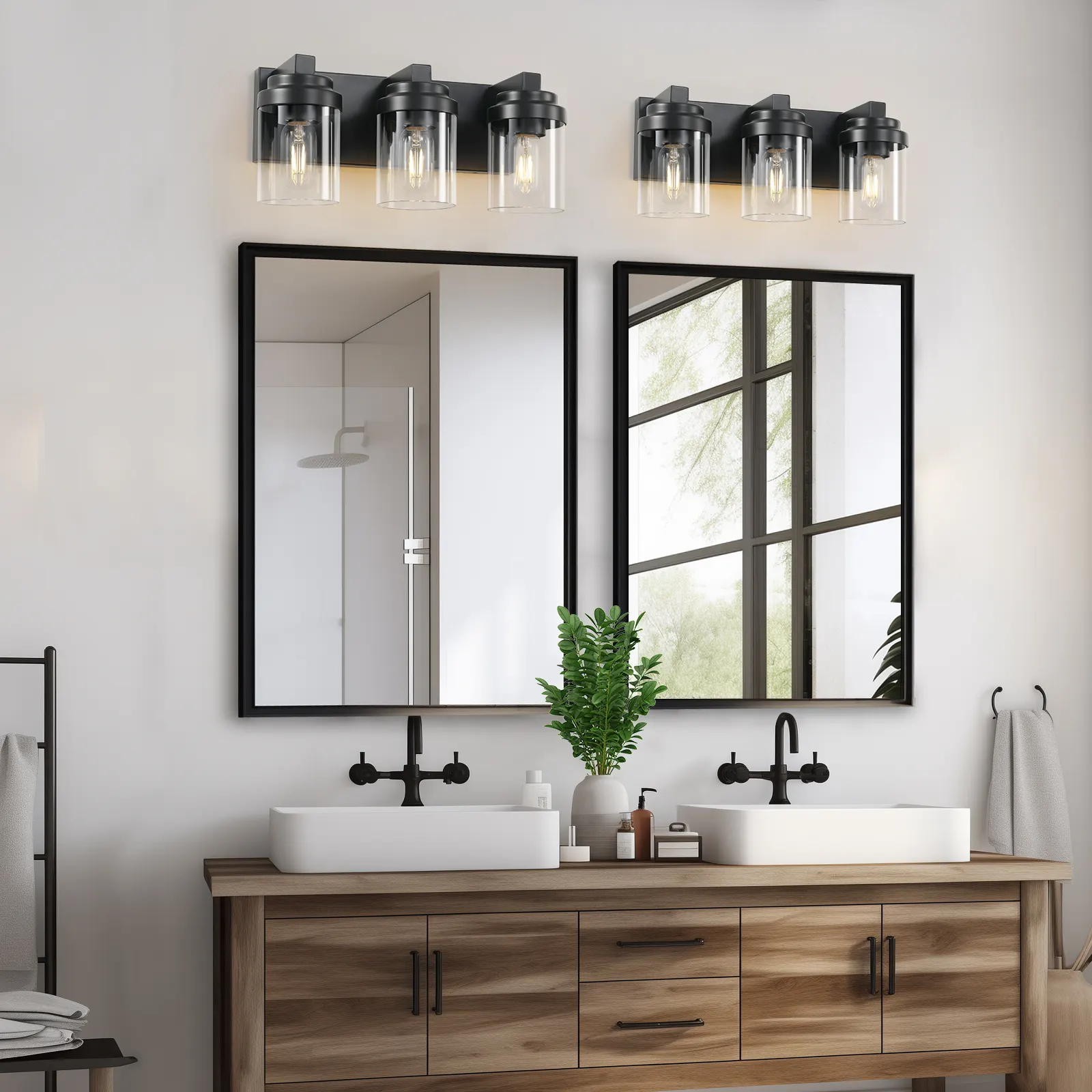 Modern Black 3-Light Clear Glass Vanity Light, image 3 of 7