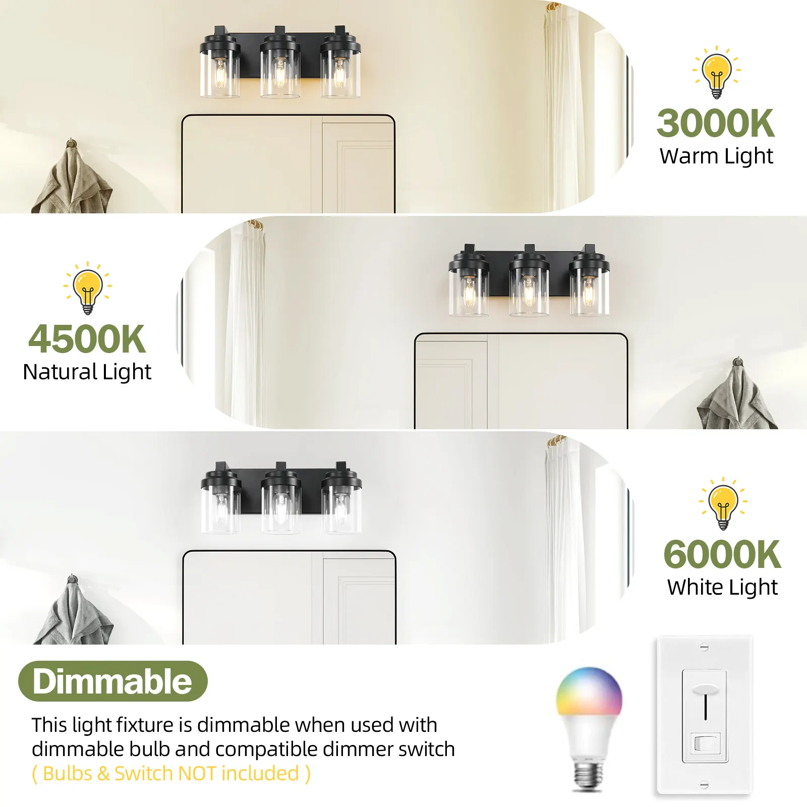 Modern Black 3-Light Clear Glass Vanity Light, image 7 of 7