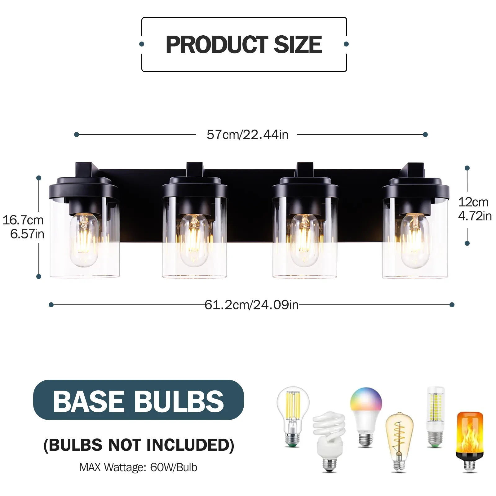 Matte Black 4-Light Clear Glass Vanity Light, image 7 of 7