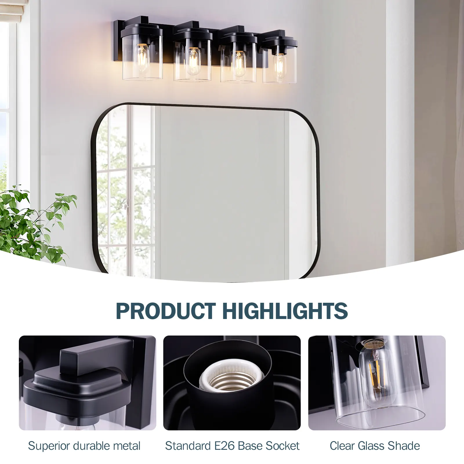 Matte Black 4-Light Clear Glass Vanity Light, image 2 of 7