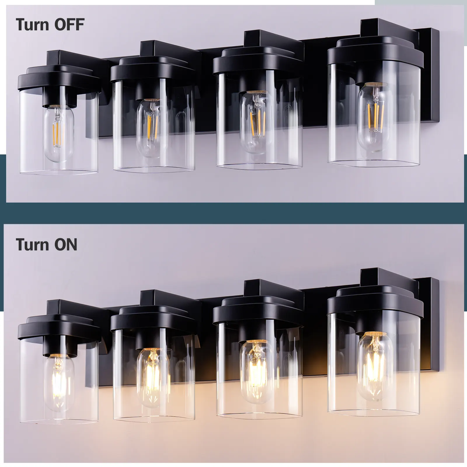 Matte Black 4-Light Clear Glass Vanity Light, image 3 of 7