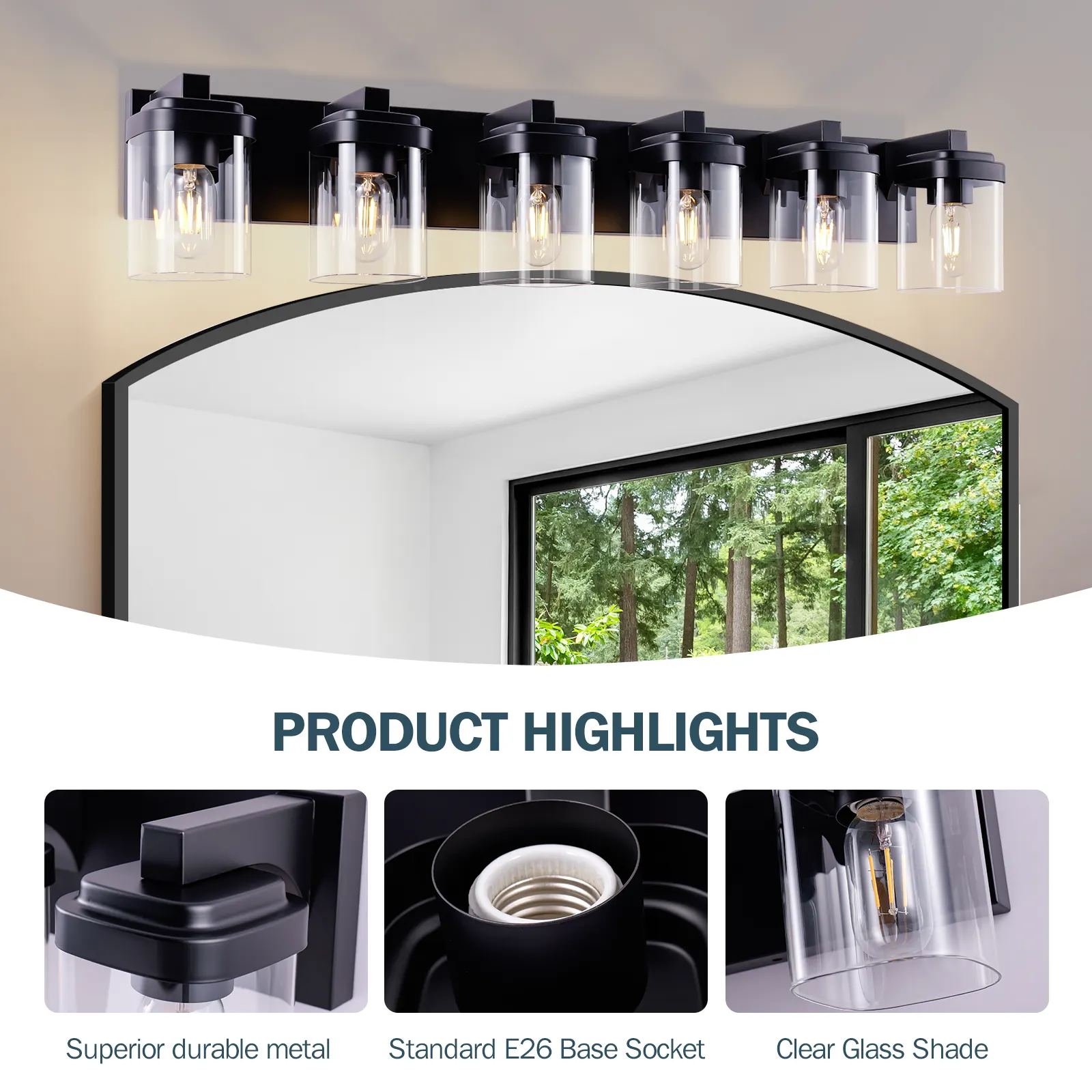 Matte Black 6-Light Clear Glass Vanity Light, image 2 of 7