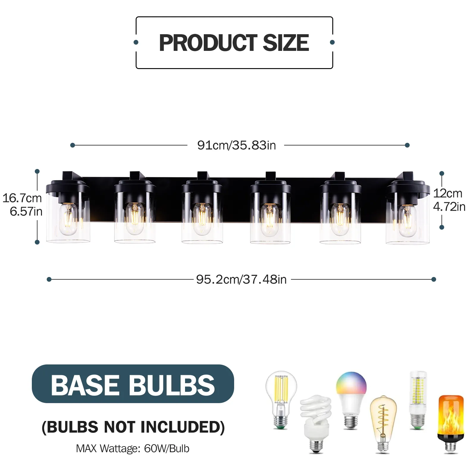 Matte Black 6-Light Clear Glass Vanity Light, image 7 of 7