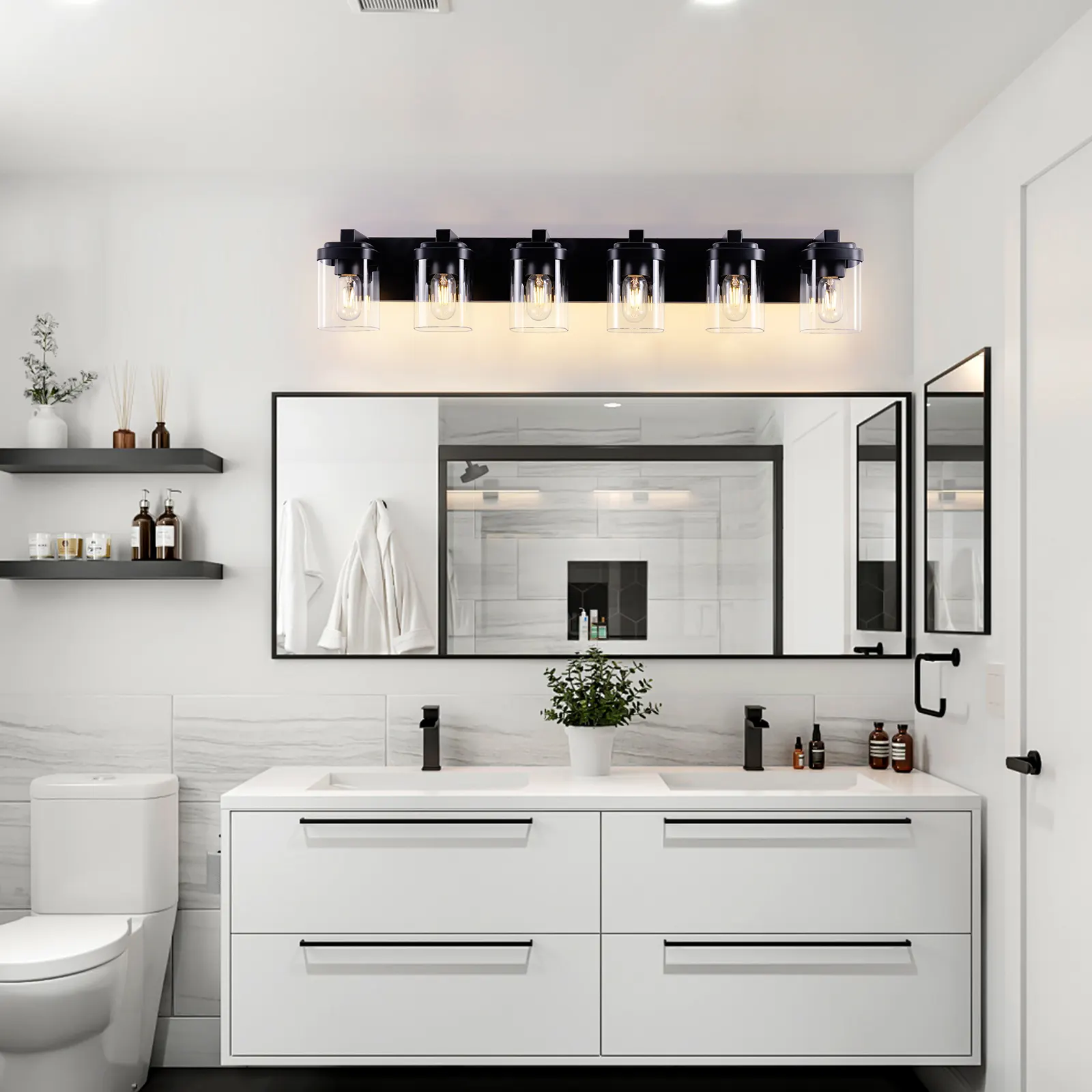 Matte Black 6-Light Clear Glass Vanity Light, image 6 of 7