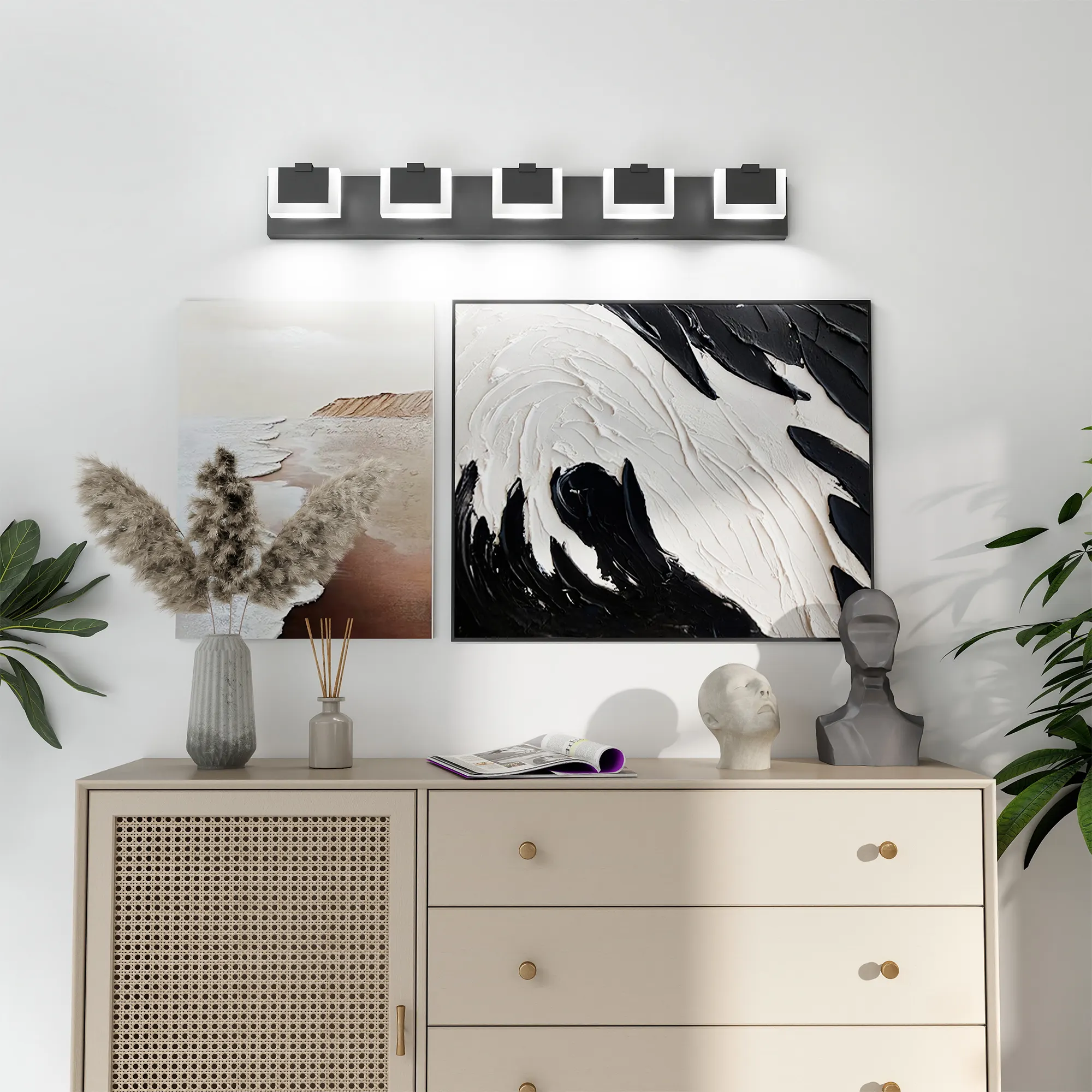 Modern Matte Black 5-Light Acrylic Vanity Light, image 2 of 9