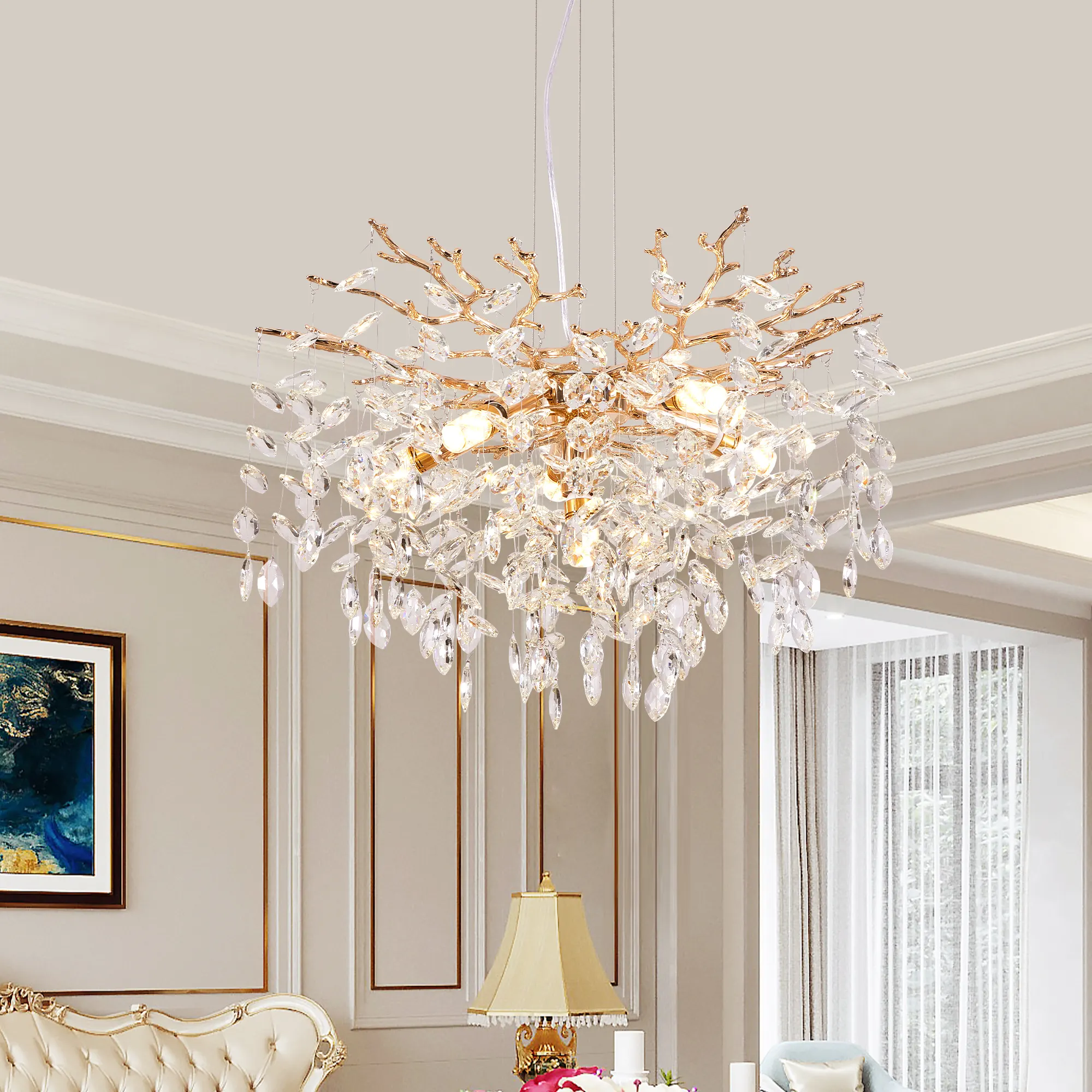 Modern Gold 6-Light Crystal Chandelier, image 2 of 9