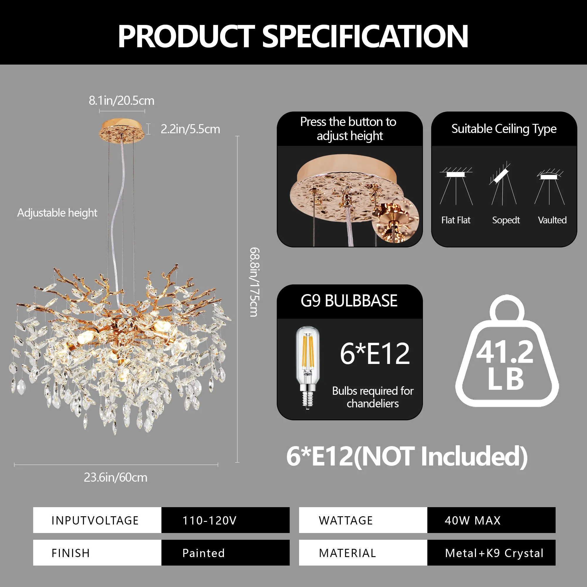 Modern Gold 6-Light Crystal Chandelier, image 4 of 9