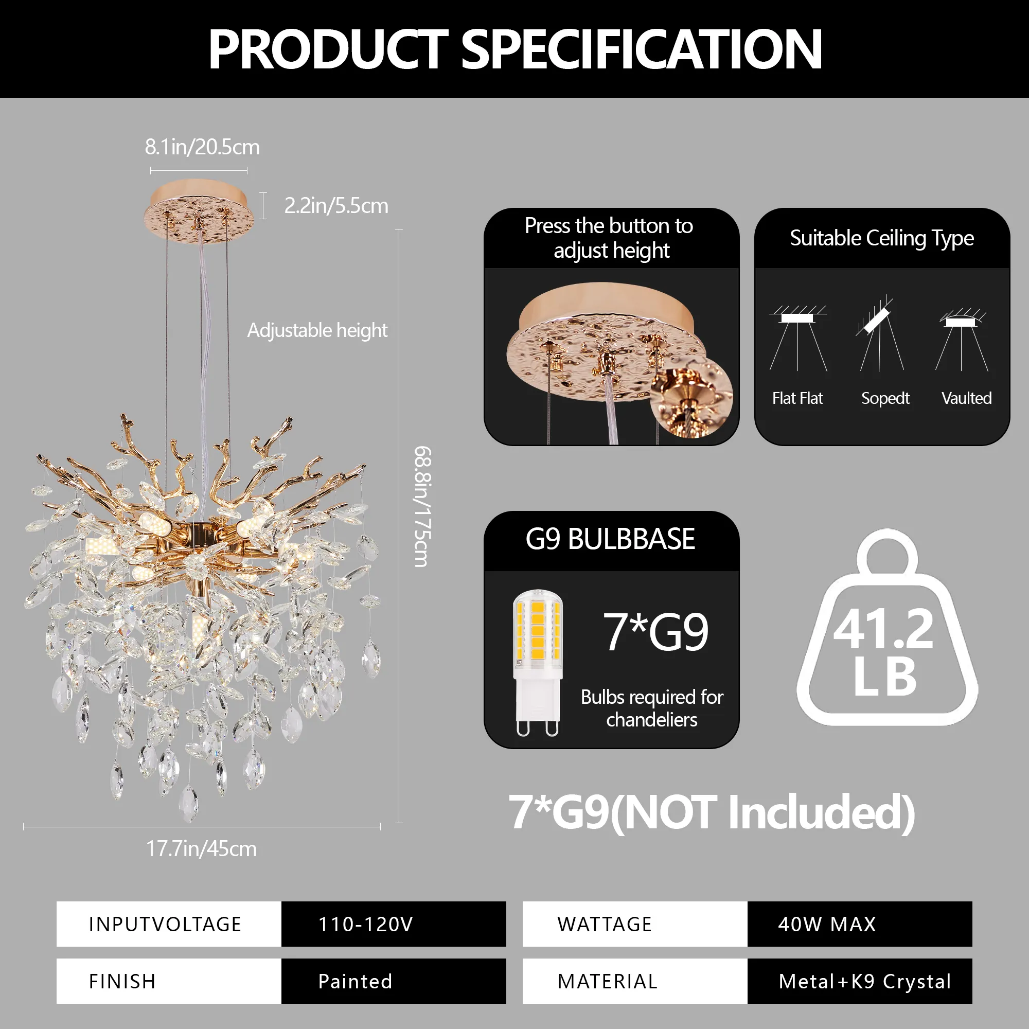 Modern Gold 7-Light Crystal Chandelier, image 3 of 9