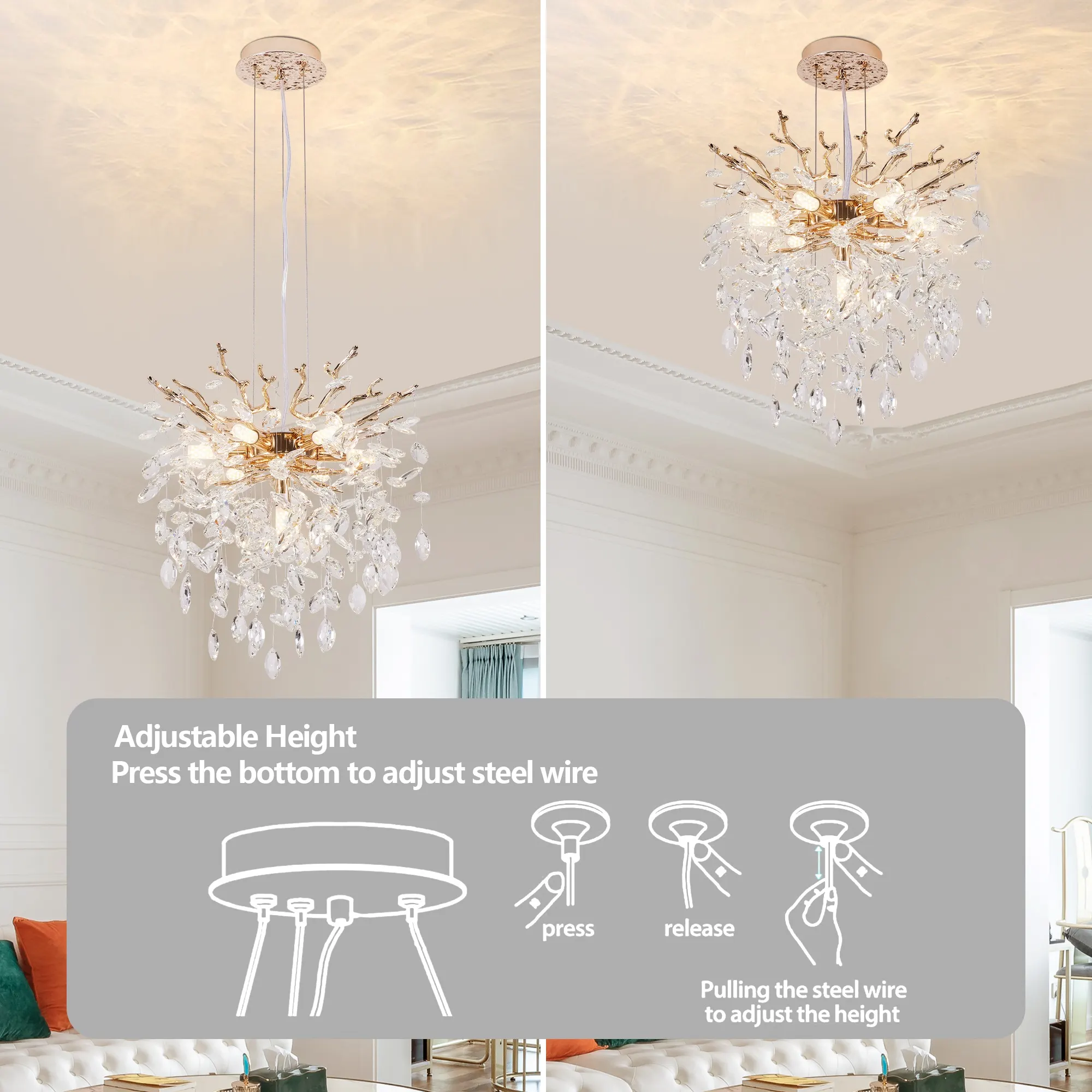 Modern Gold 7-Light Crystal Chandelier, image 5 of 9