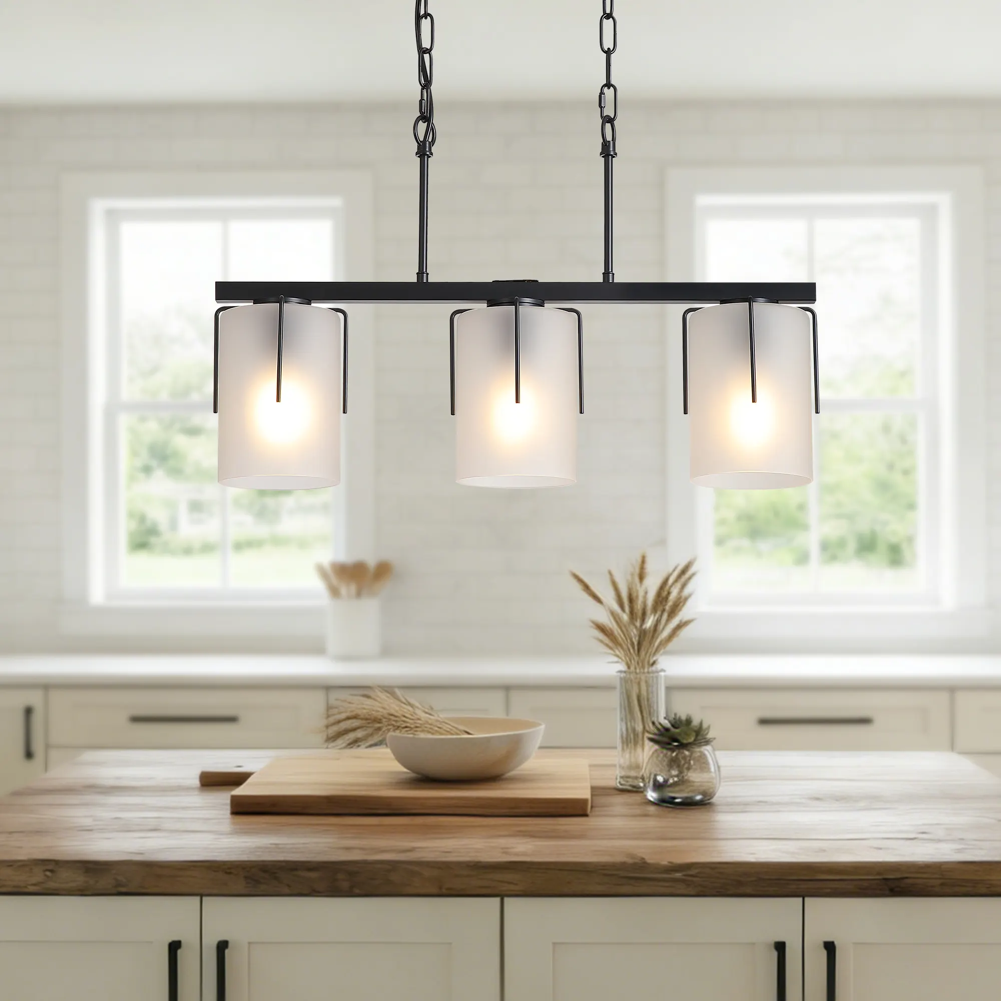 Modern Black 3-Light Frosted Glass Linear Chandelier, image 2 of 10