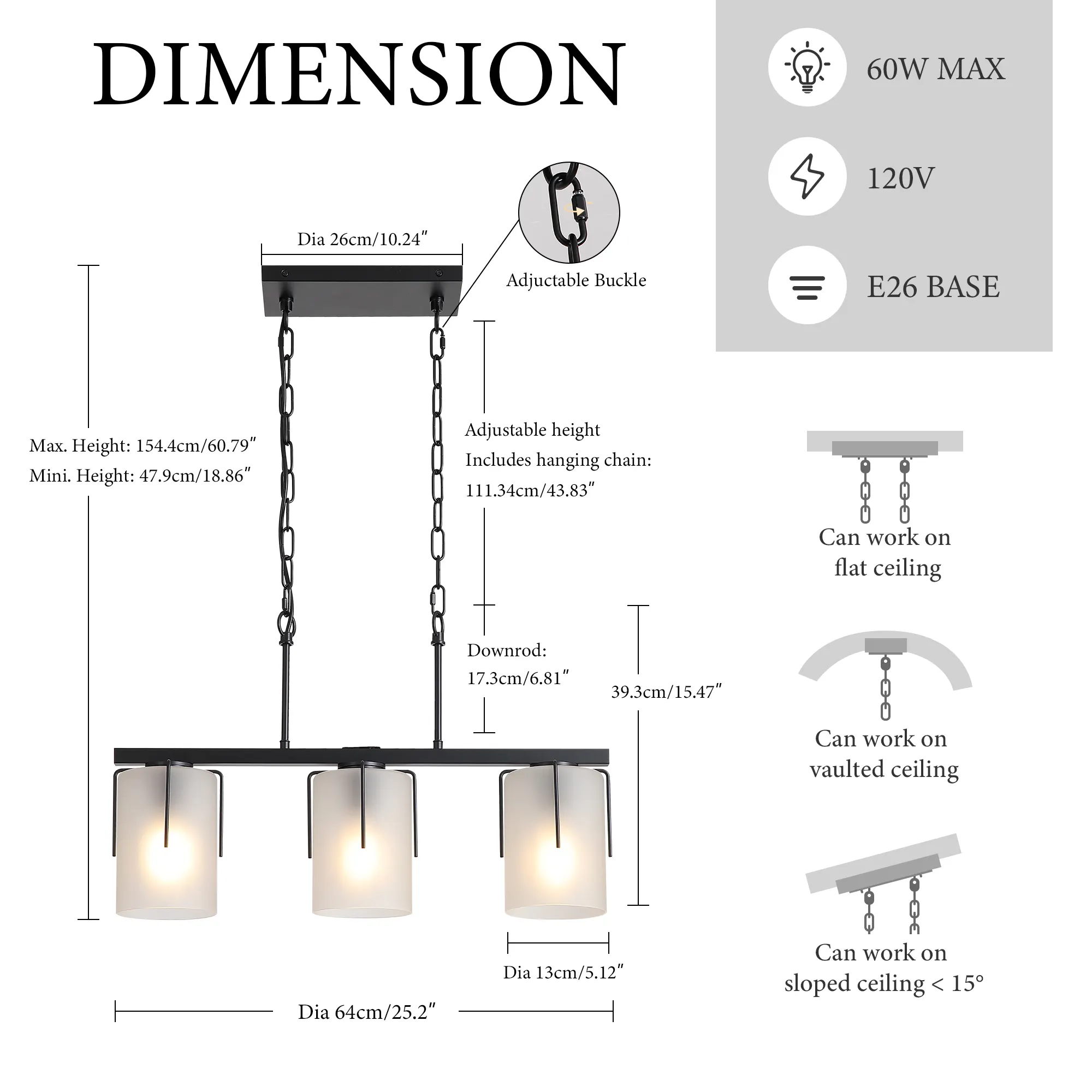 Modern Black 3-Light Frosted Glass Linear Chandelier, image 4 of 10