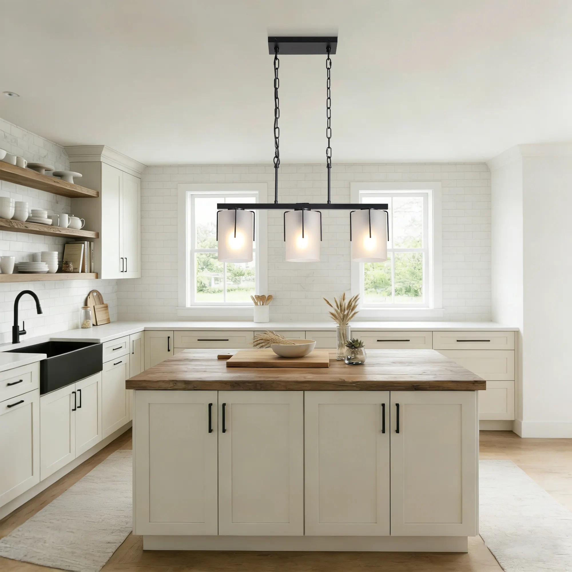 Modern Black 3-Light Frosted Glass Linear Chandelier, image 10 of 10