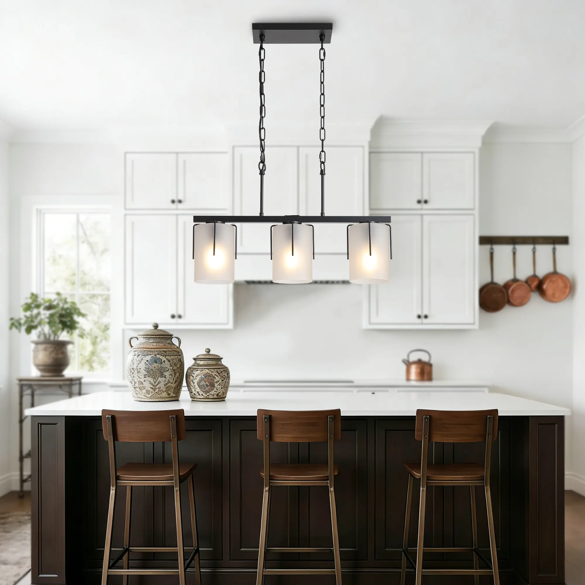 Modern Black 3-Light Frosted Glass Linear Chandelier, image 3 of 10