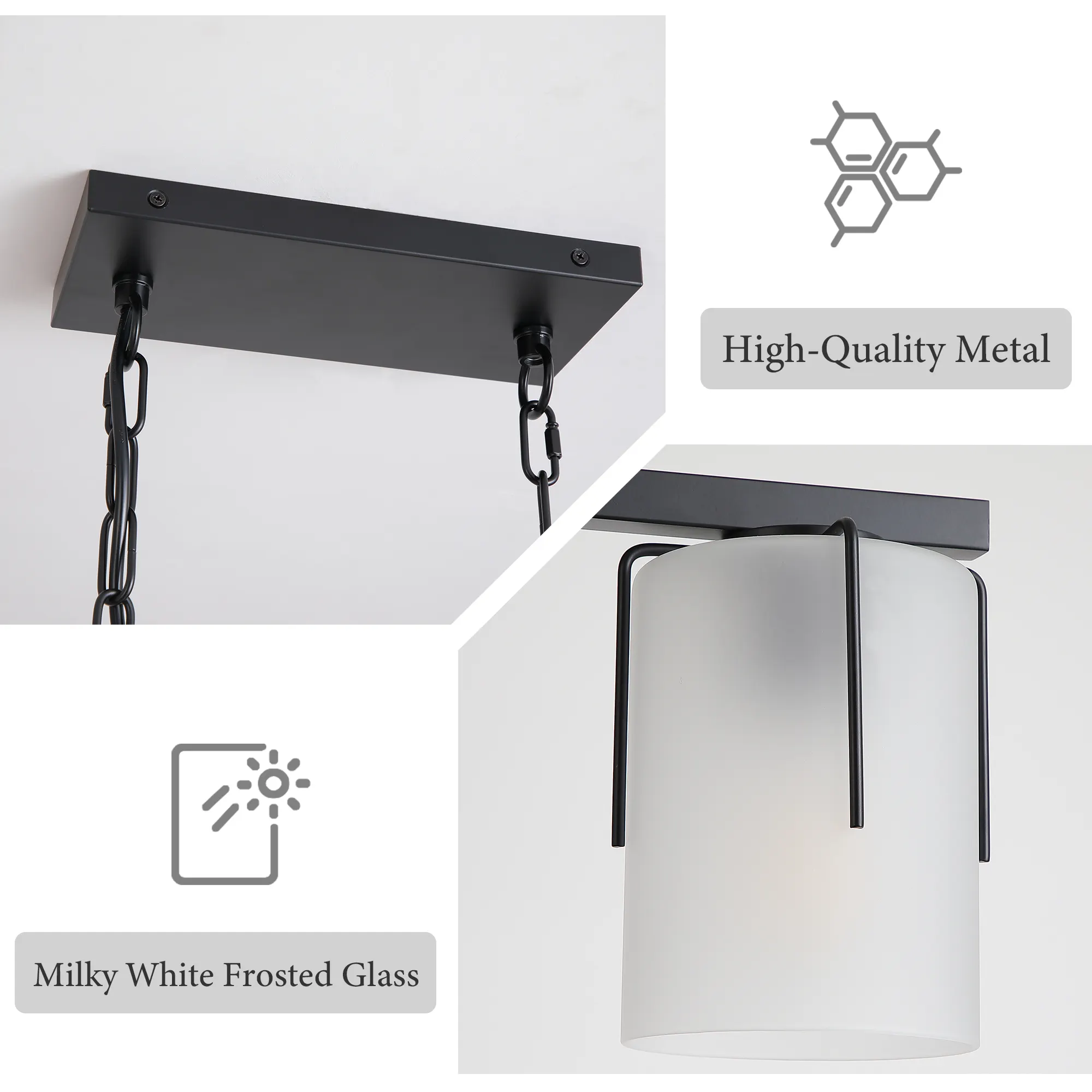 Modern Black 3-Light Frosted Glass Linear Chandelier, image 8 of 10