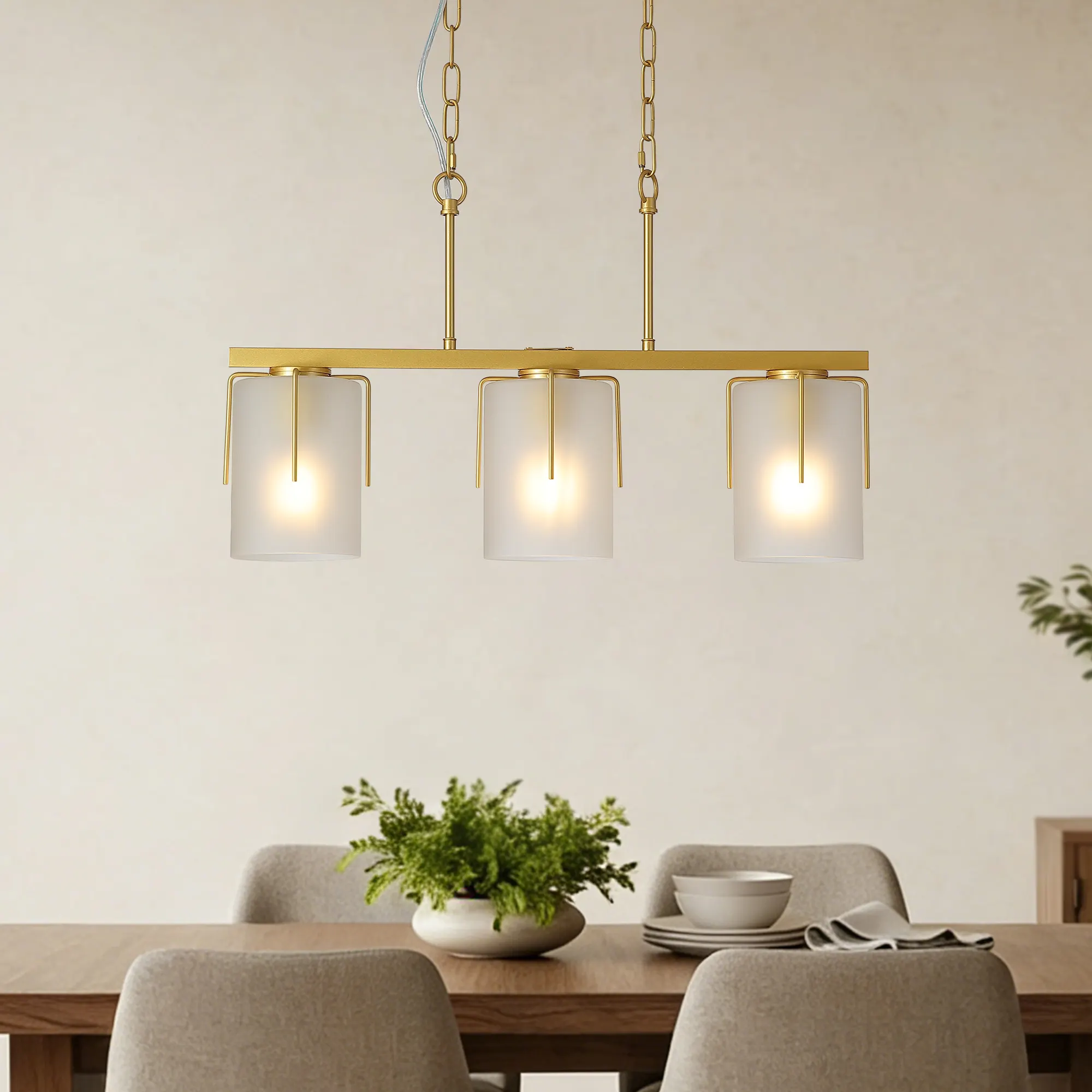 Modern Gold 3-Light Frosted Glass Linear Chandelier