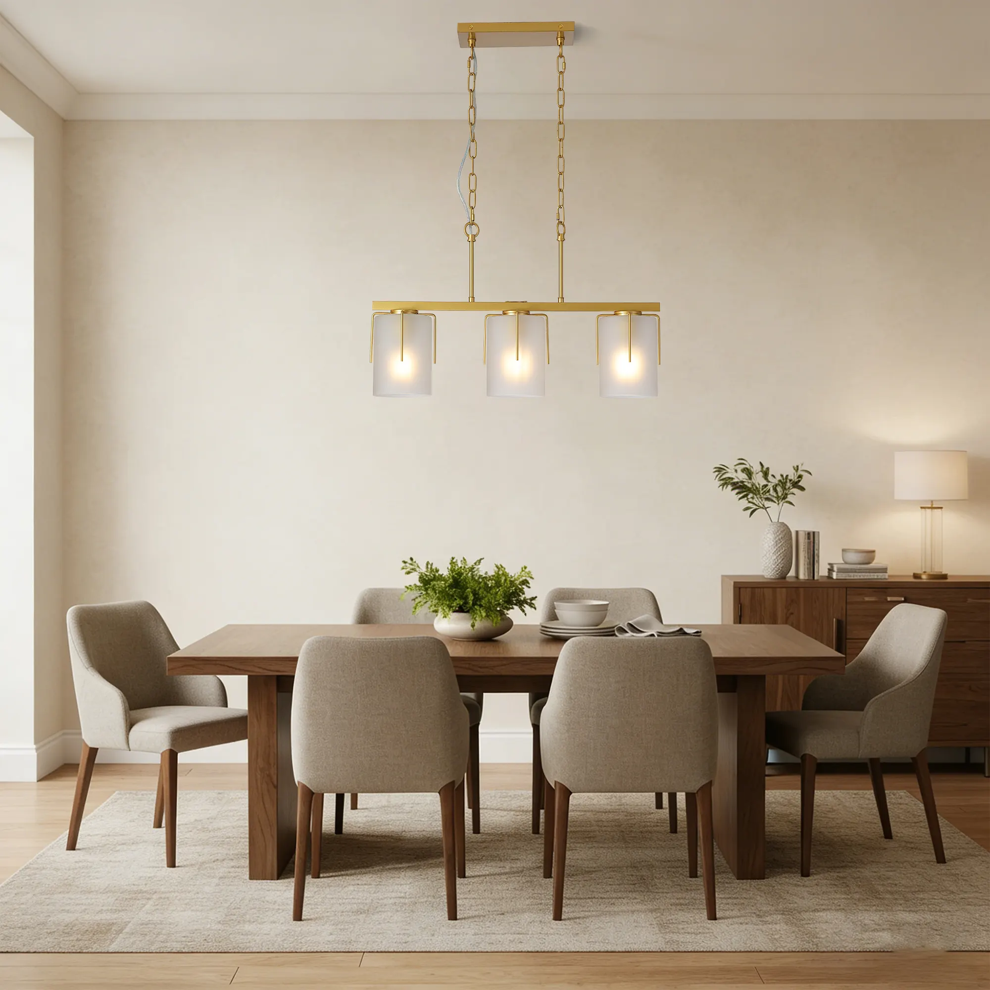 Modern Gold 3-Light Frosted Glass Linear Chandelier, image 2 of 10