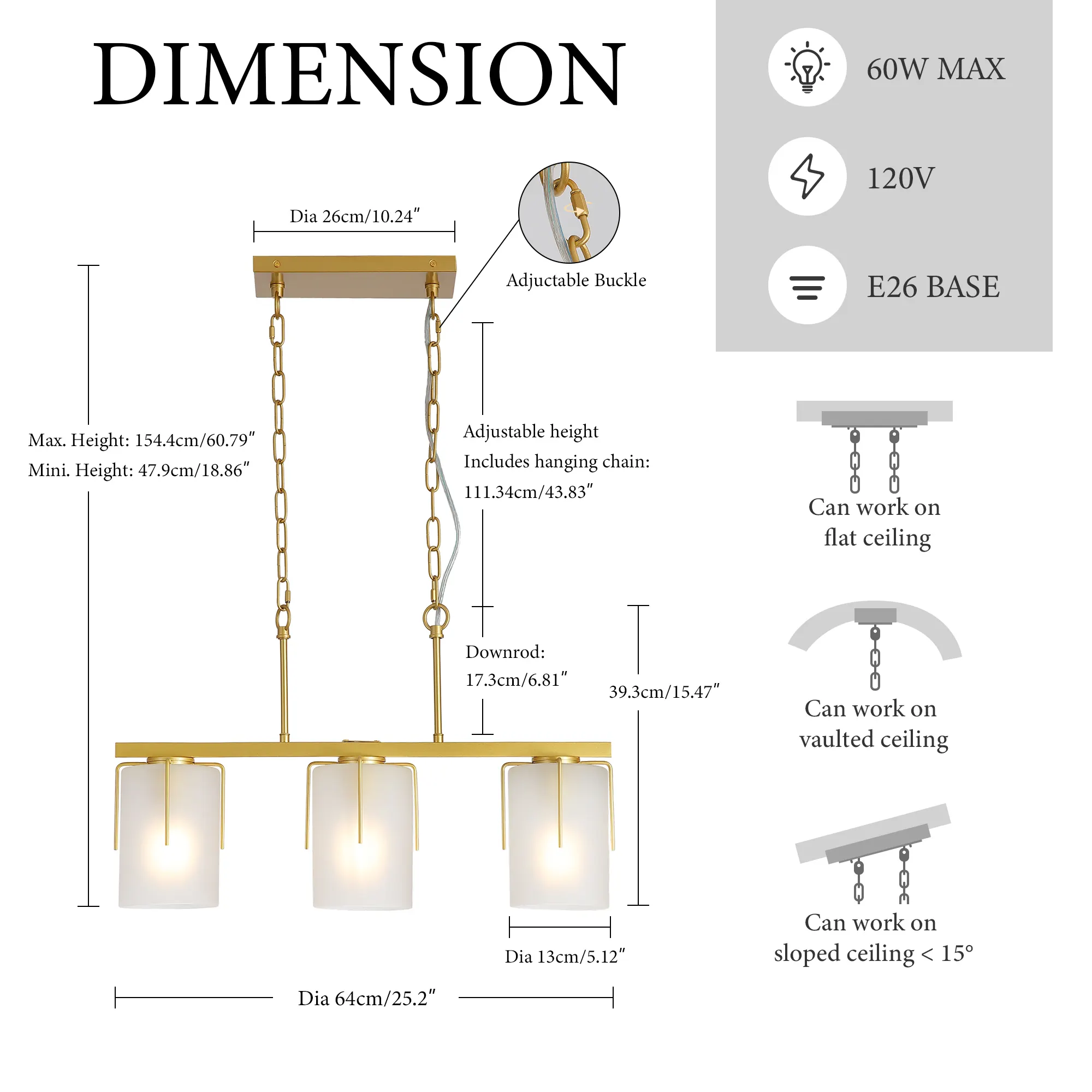 Modern Gold 3-Light Frosted Glass Linear Chandelier, image 5 of 10