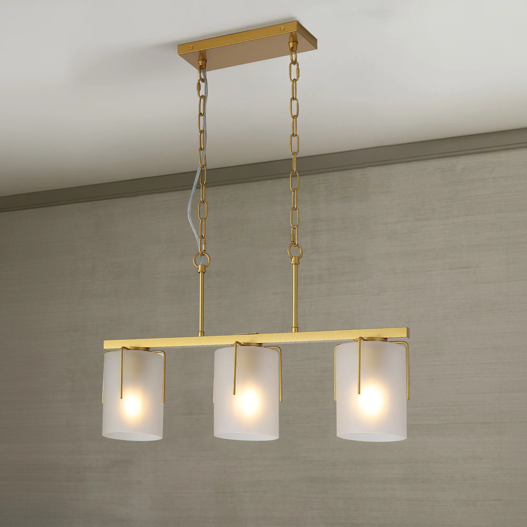 Modern Gold 3-Light Frosted Glass Linear Chandelier, image 10 of 10