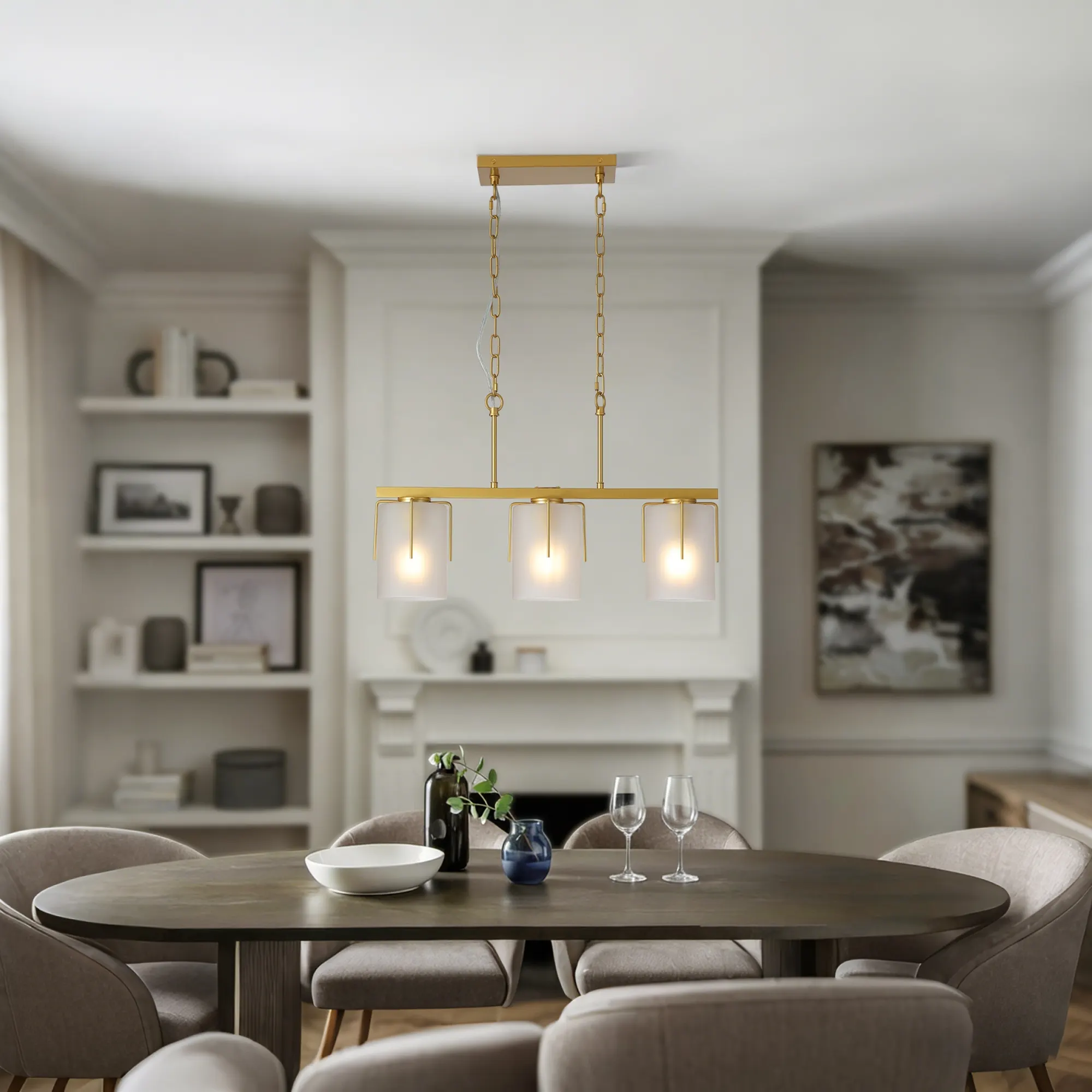 Modern Gold 3-Light Frosted Glass Linear Chandelier, image 4 of 10