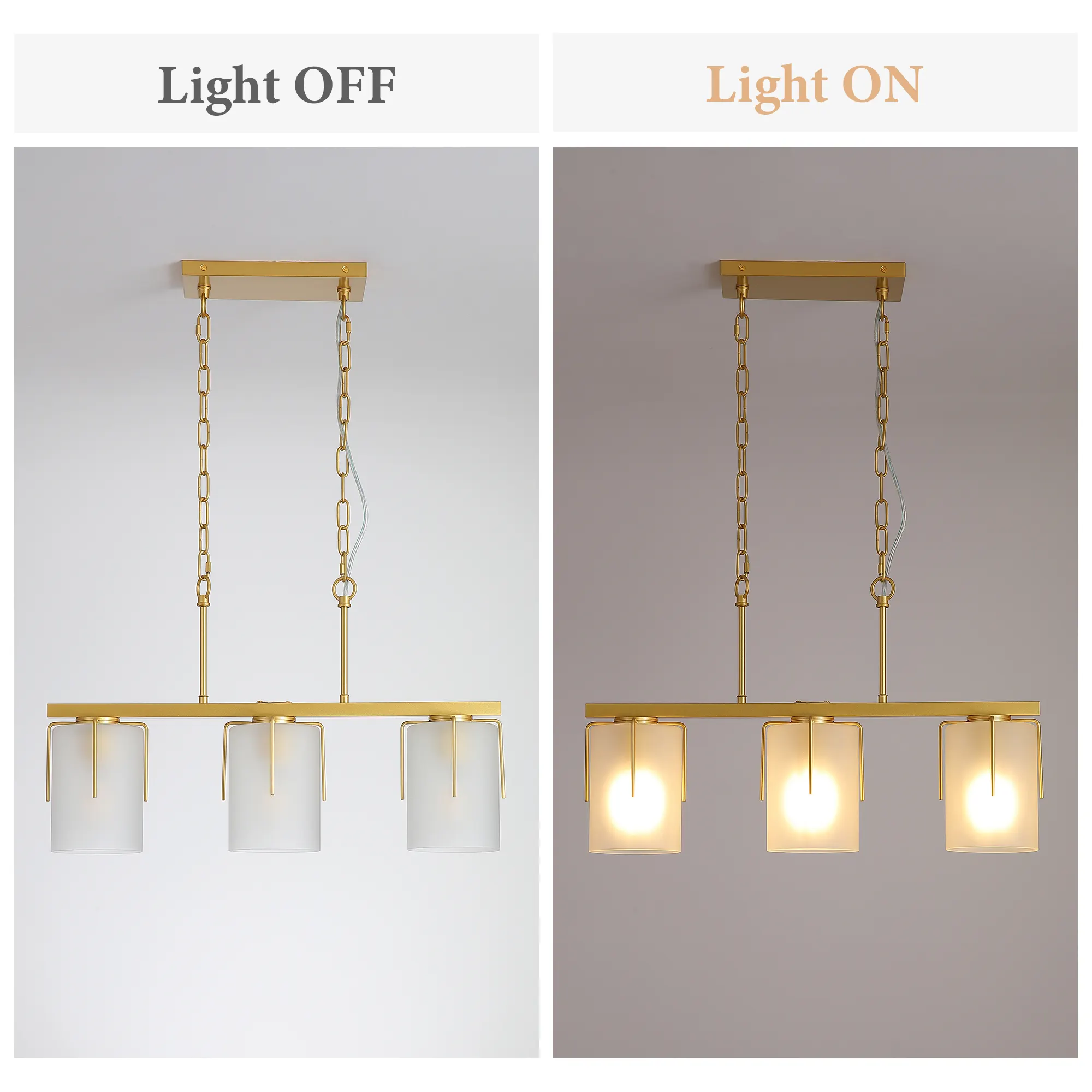 Modern Gold 3-Light Frosted Glass Linear Chandelier, image 7 of 10