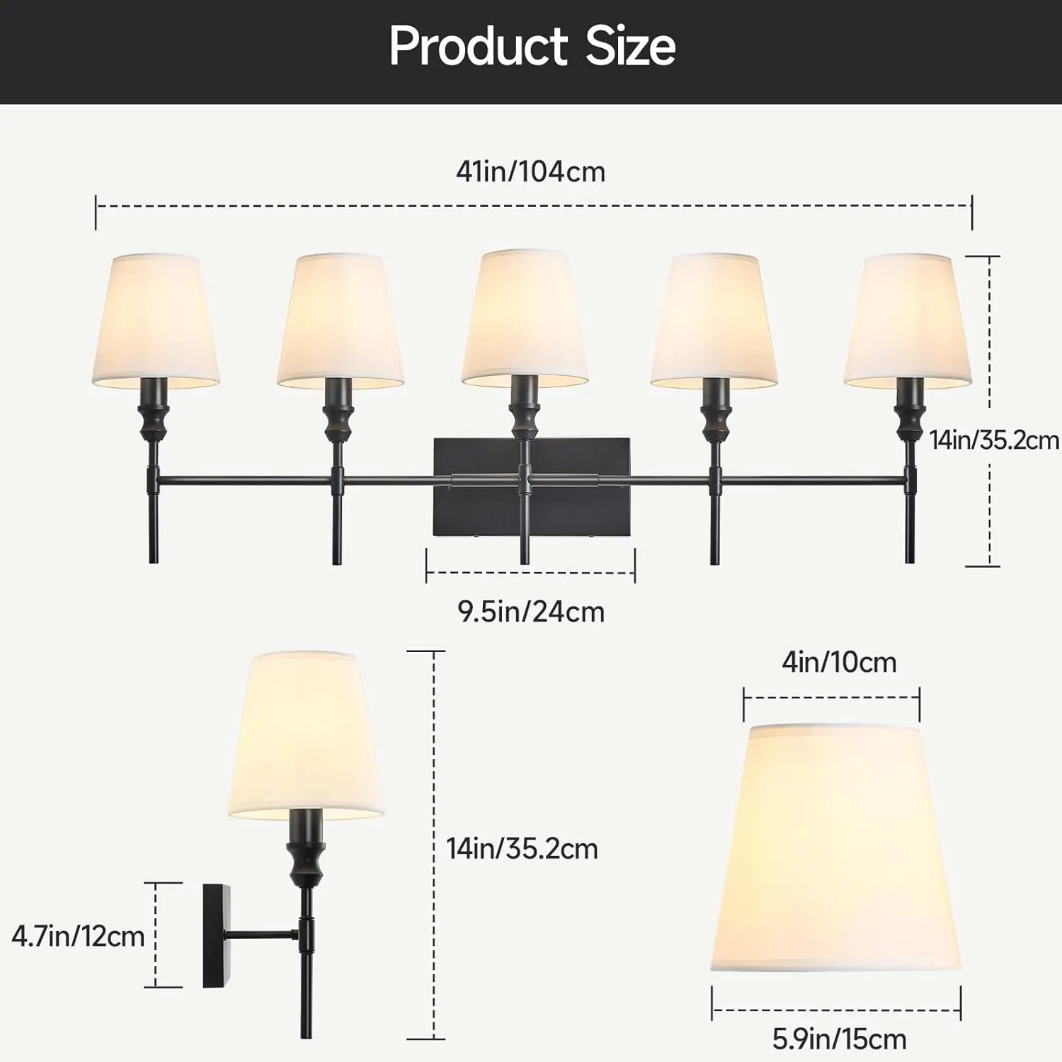 Vintage Black 5-Light Fabric Vanity Light, image 10 of 10