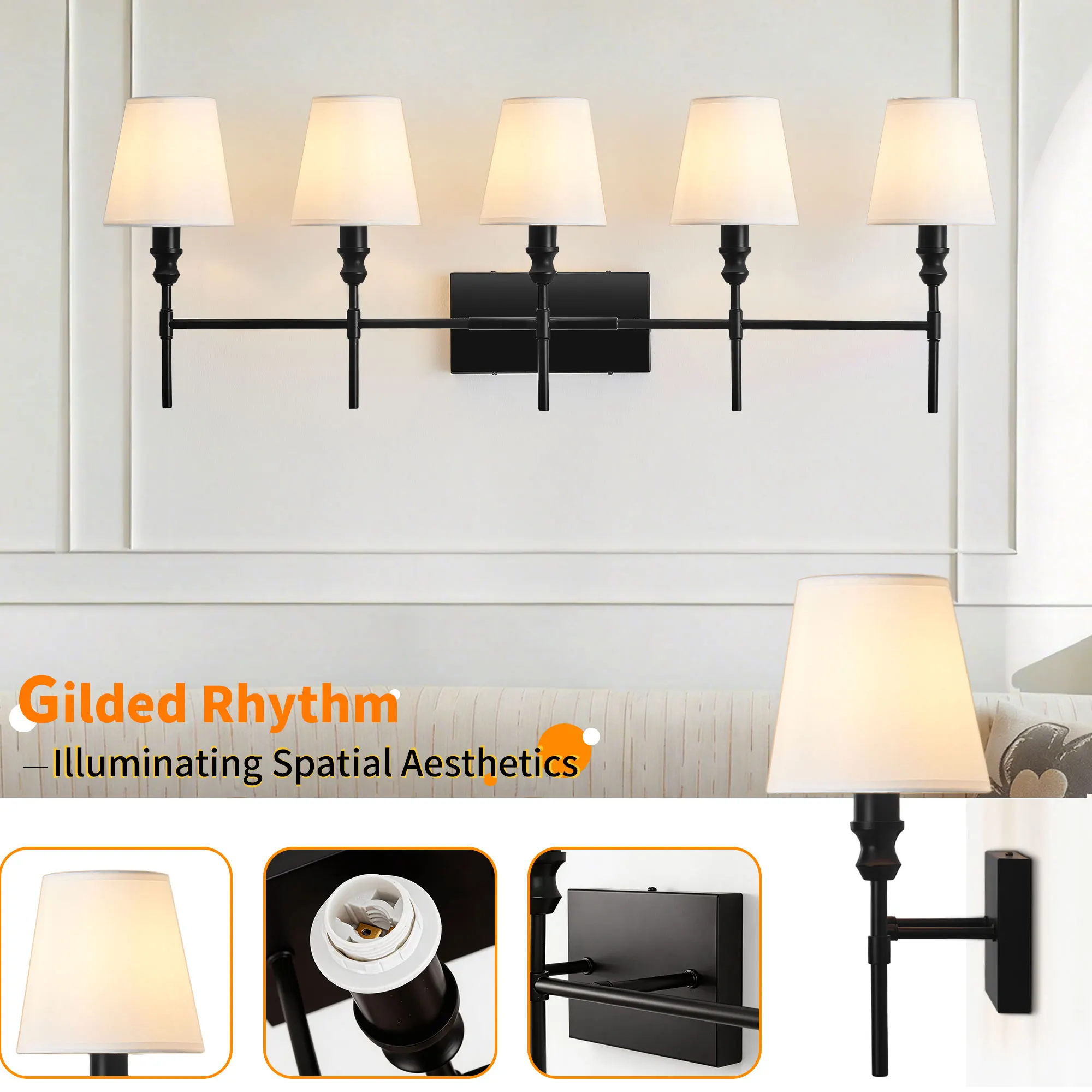 Vintage Black 5-Light Fabric Vanity Light, image 7 of 10