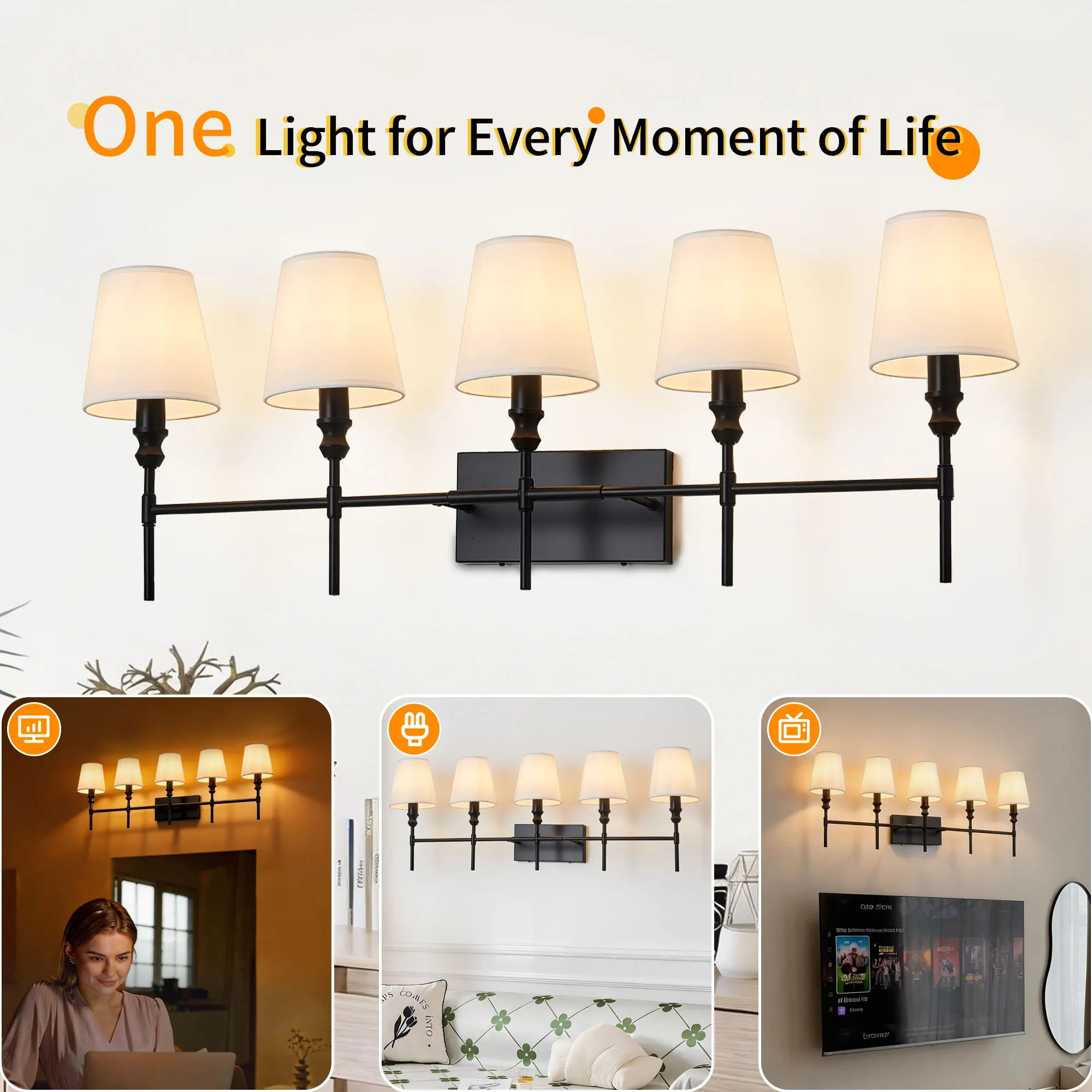 Vintage Black 5-Light Fabric Vanity Light, image 5 of 10