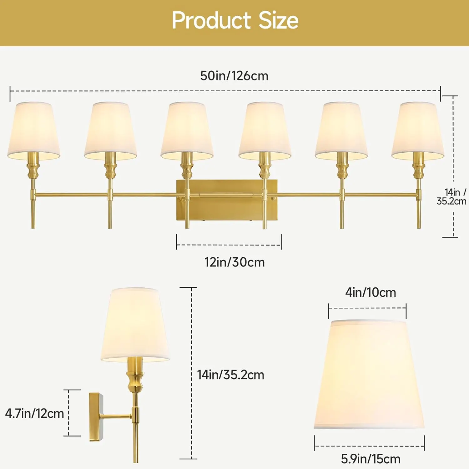 Vintage Gold 6-Light Fabric Vanity Light, image 7 of 7