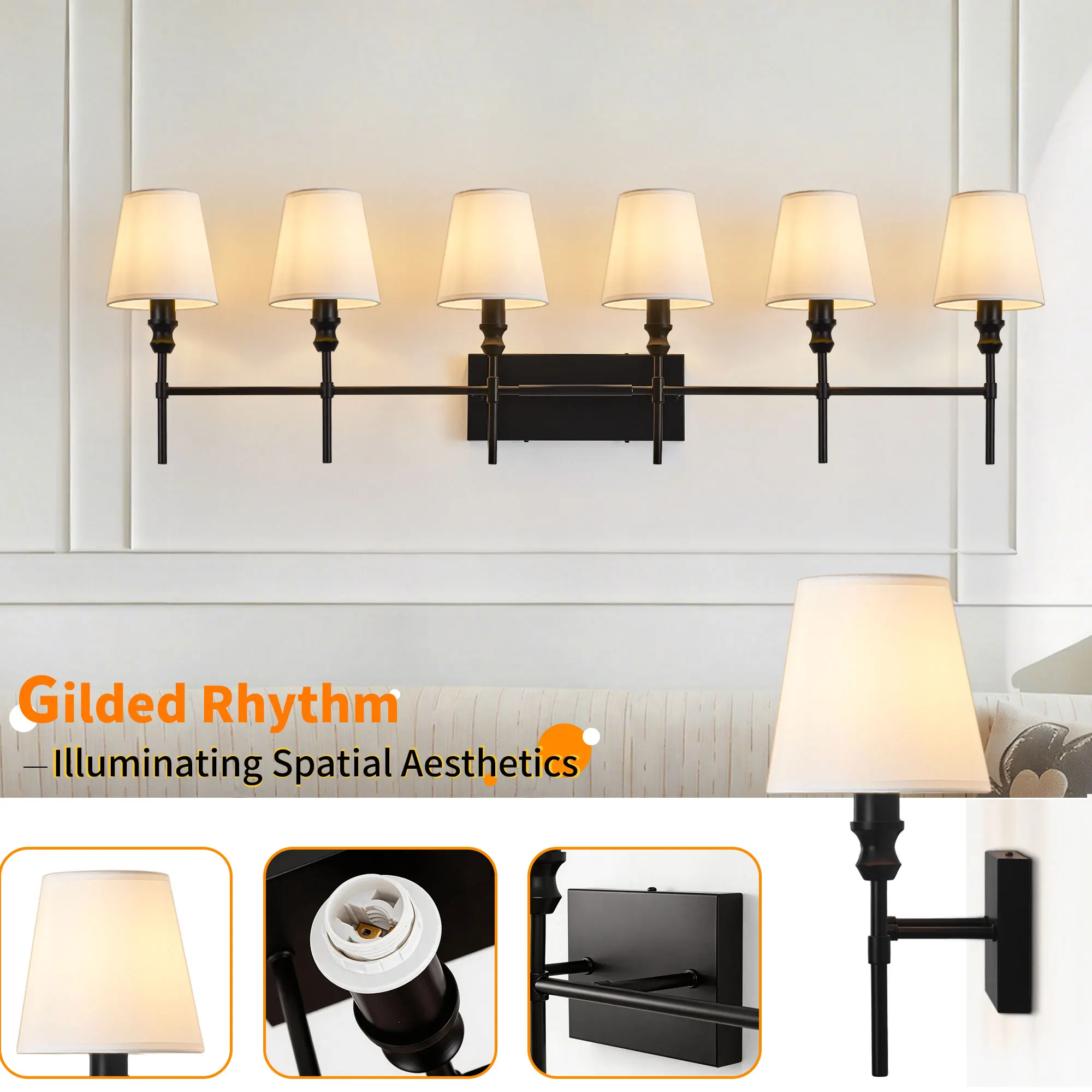 Vintage Black 5-Light Fabric Vanity Light, image 8 of 9