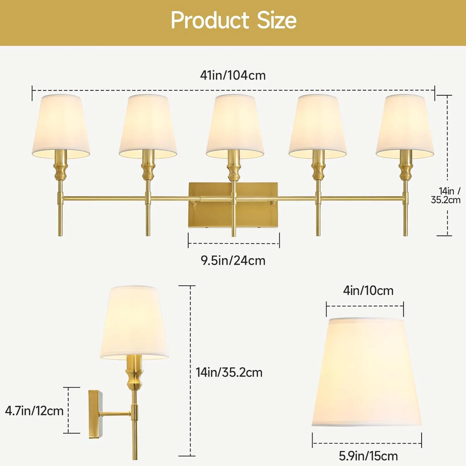 Vintage Gold 6-Light Fabric Vanity Light, image 7 of 7