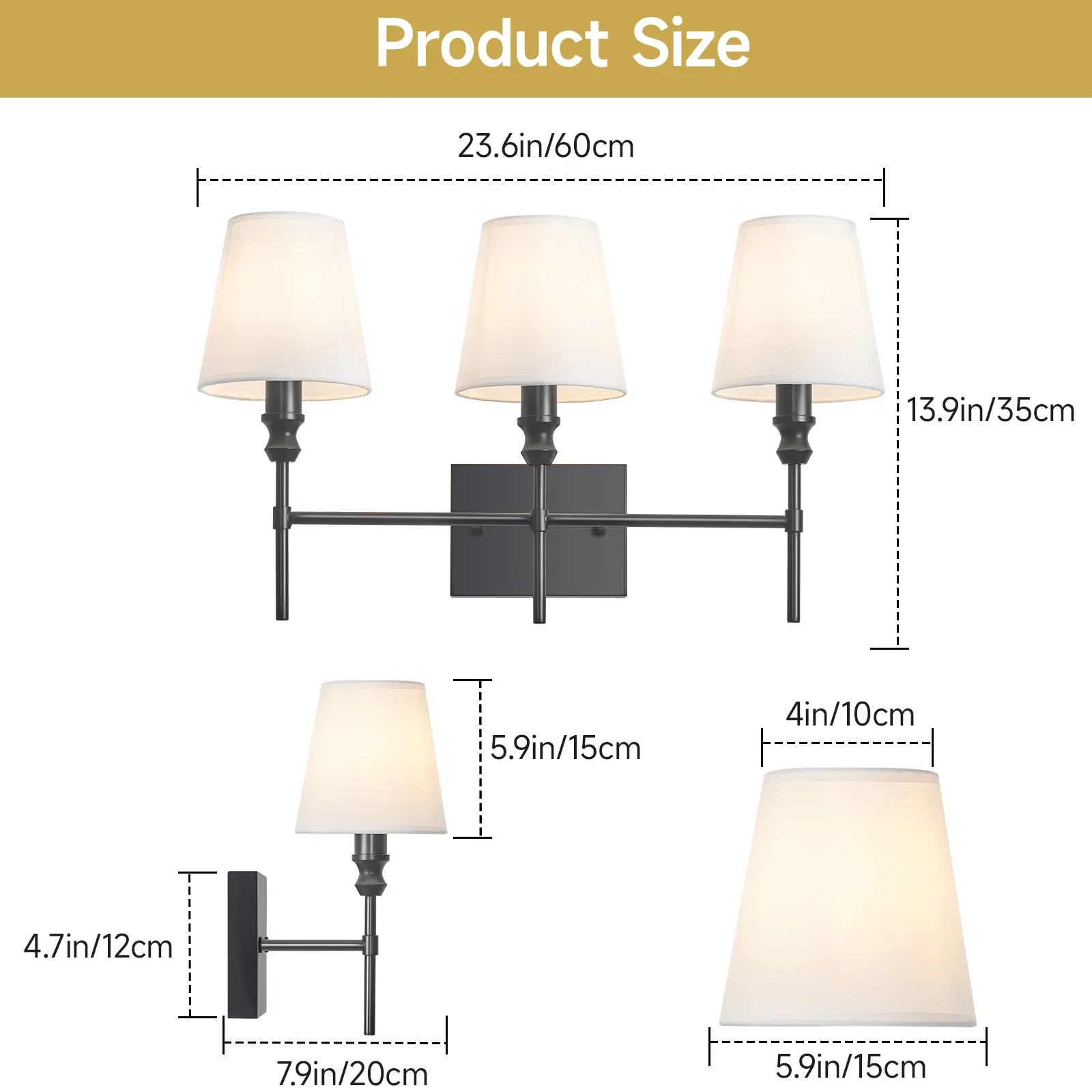 Vintage Black 3-Light Fabric Vanity Light, image 7 of 7