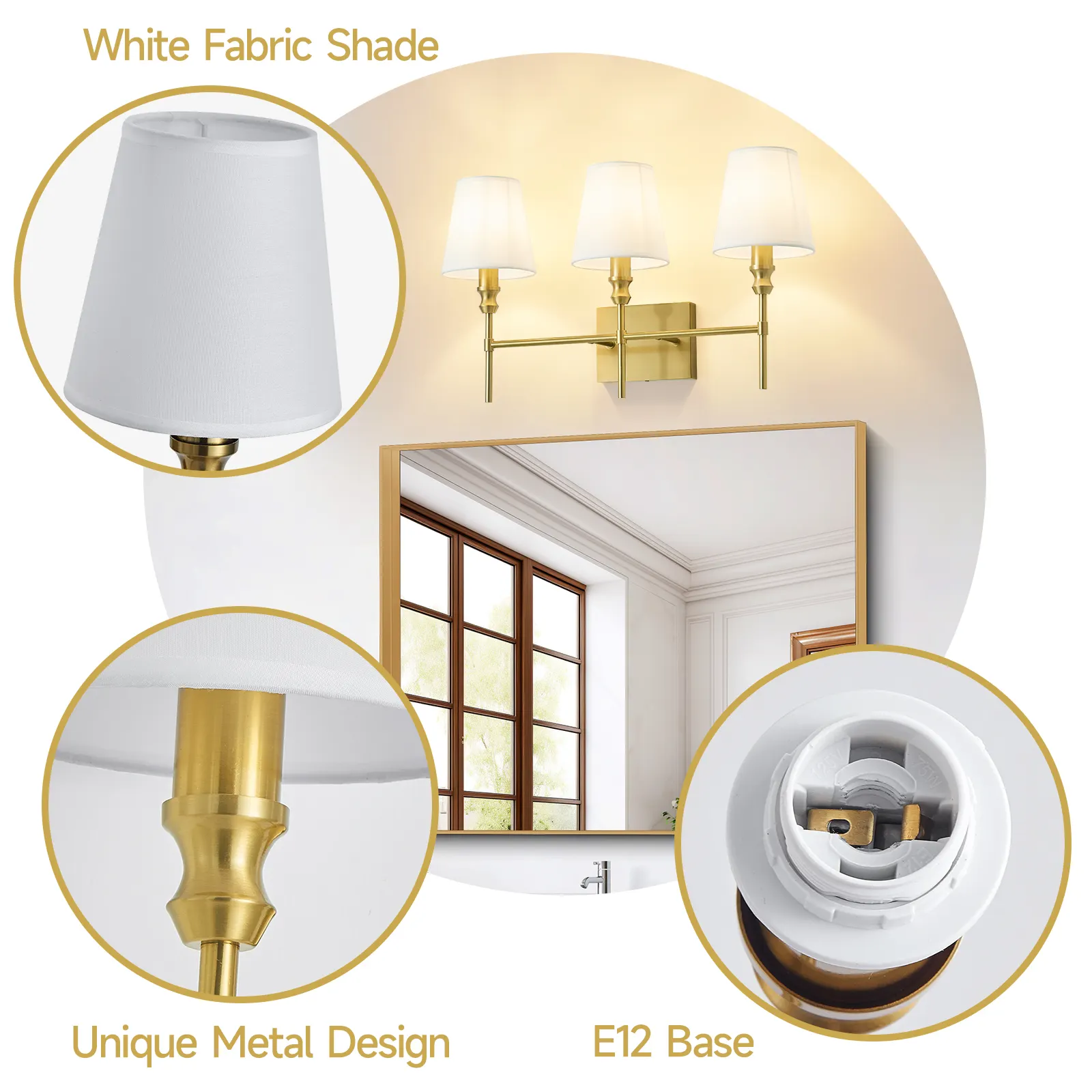 Vintage Gold 3-Light Fabric Vanity Light, image 3 of 7