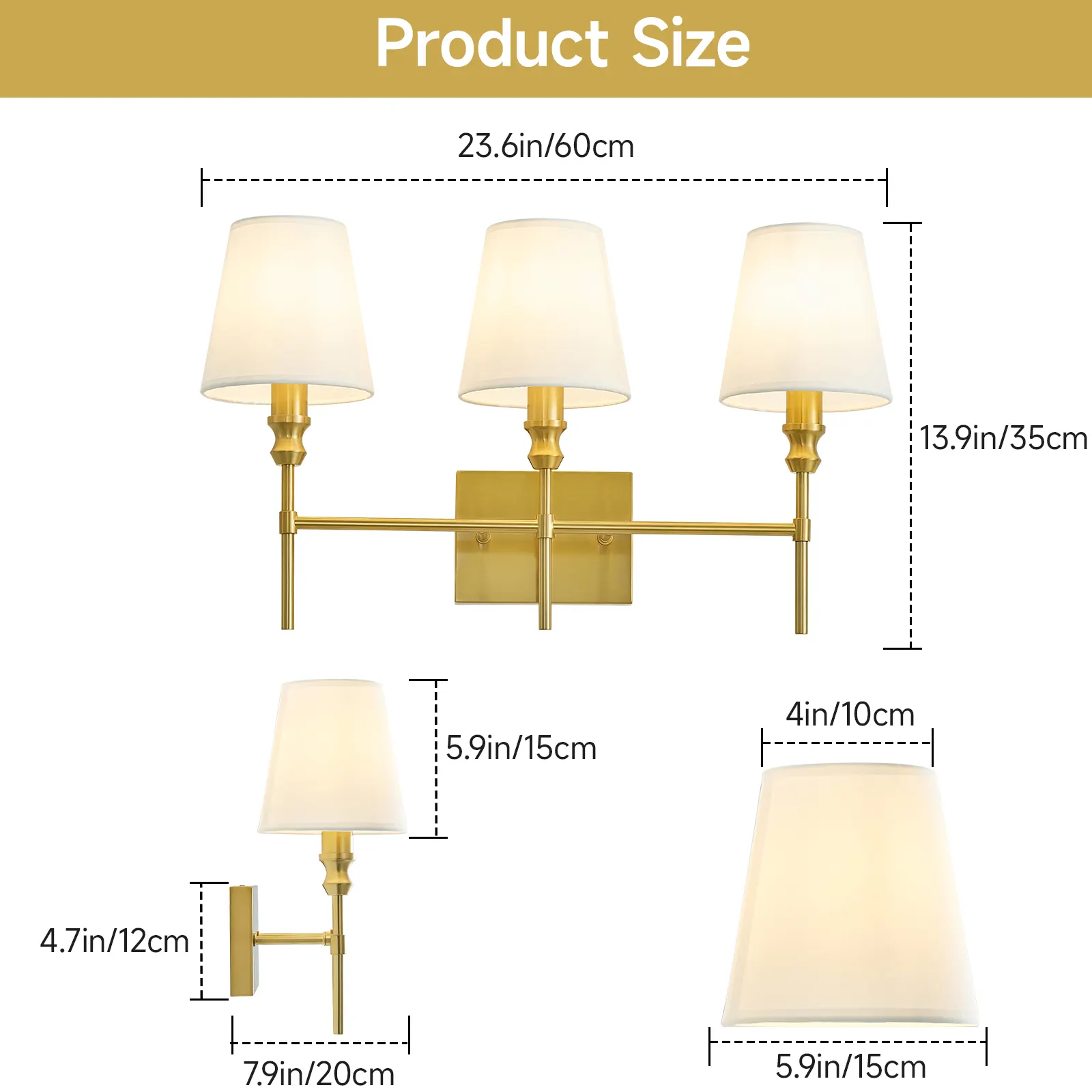 Vintage Gold 3-Light Fabric Vanity Light, image 7 of 7