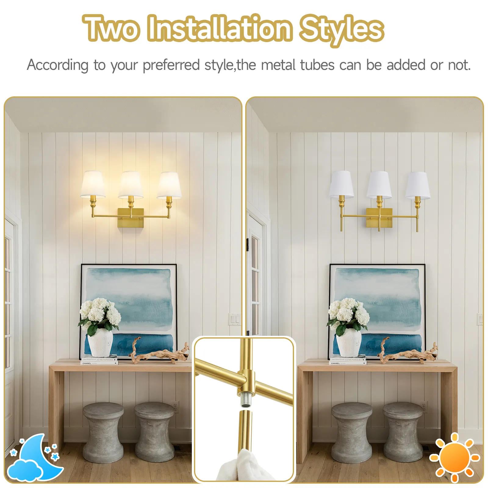Vintage Gold 3-Light Fabric Vanity Light, image 2 of 7