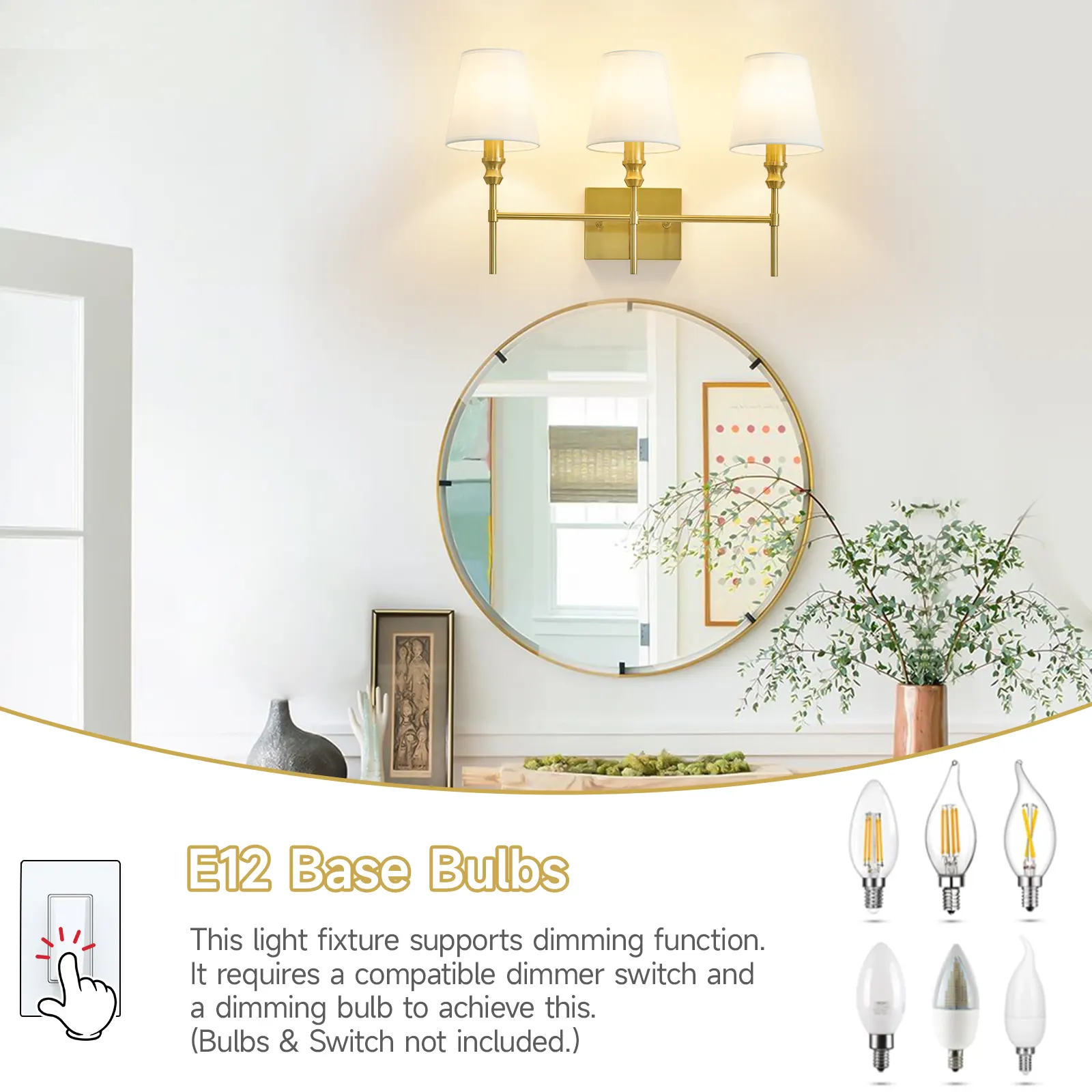 Vintage Gold 3-Light Fabric Vanity Light, image 5 of 7