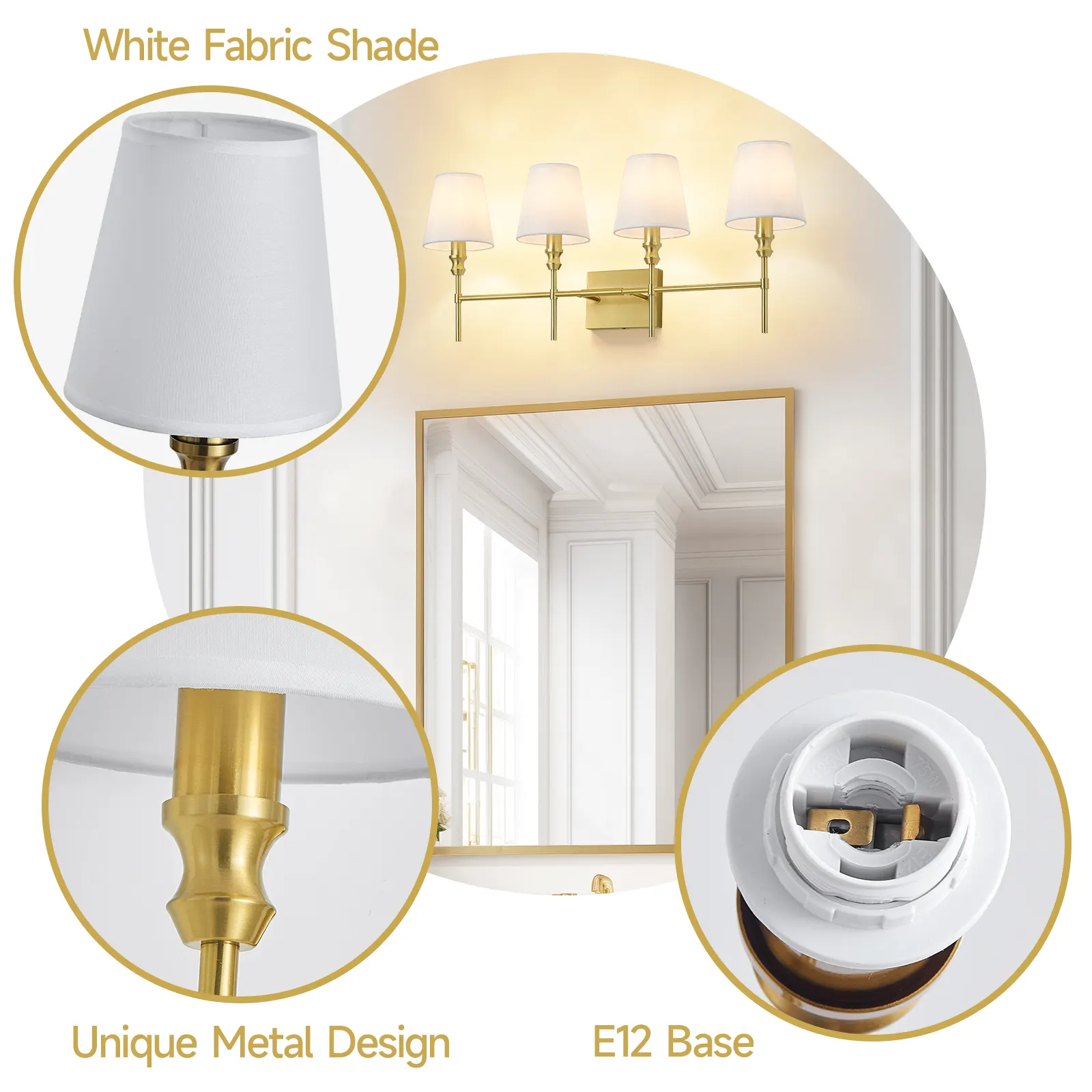 Vintage Gold 4-Light Fabric Vanity Light, image 4 of 7
