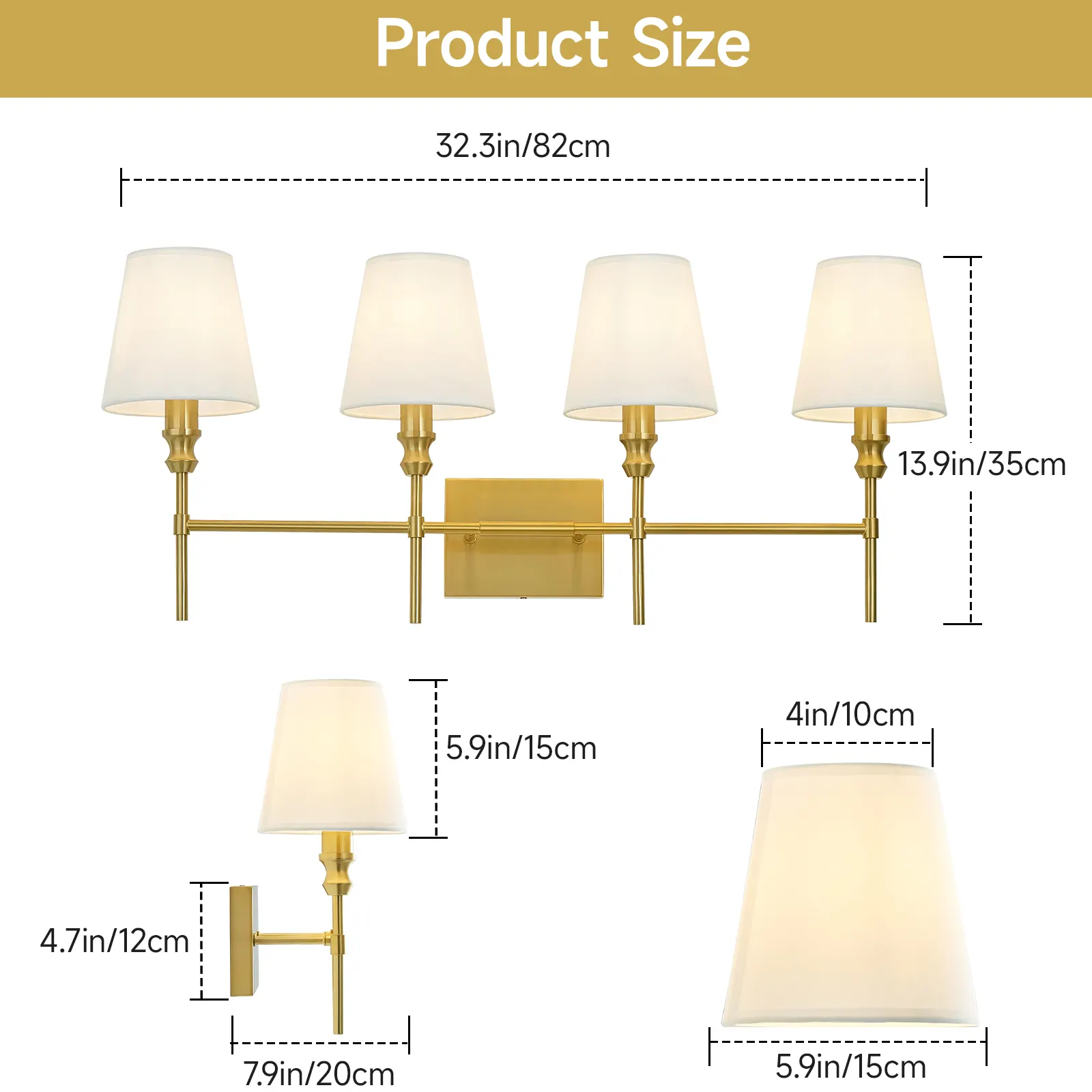 Vintage Gold 4-Light Fabric Vanity Light, image 7 of 7