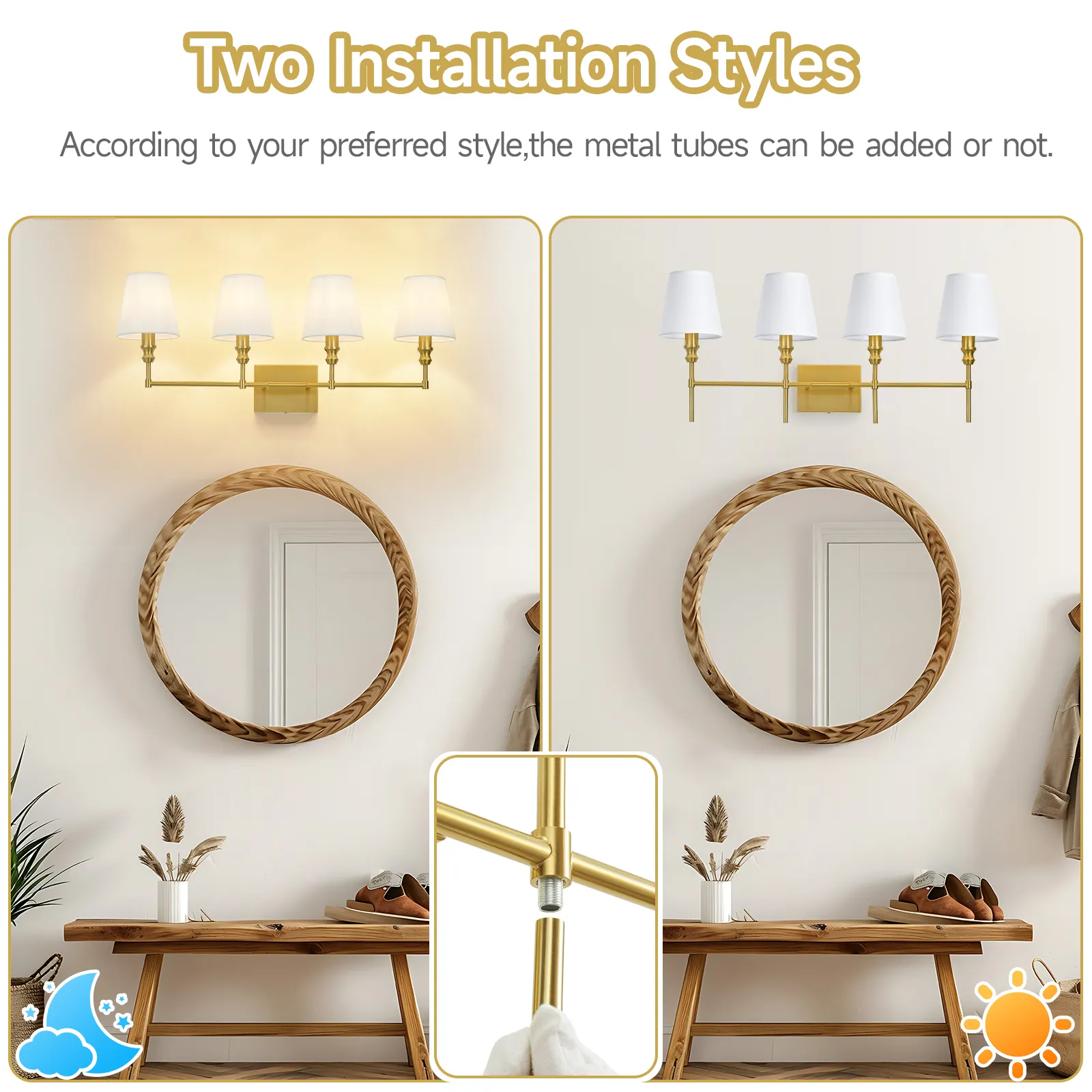 Vintage Gold 4-Light Fabric Vanity Light, image 2 of 7
